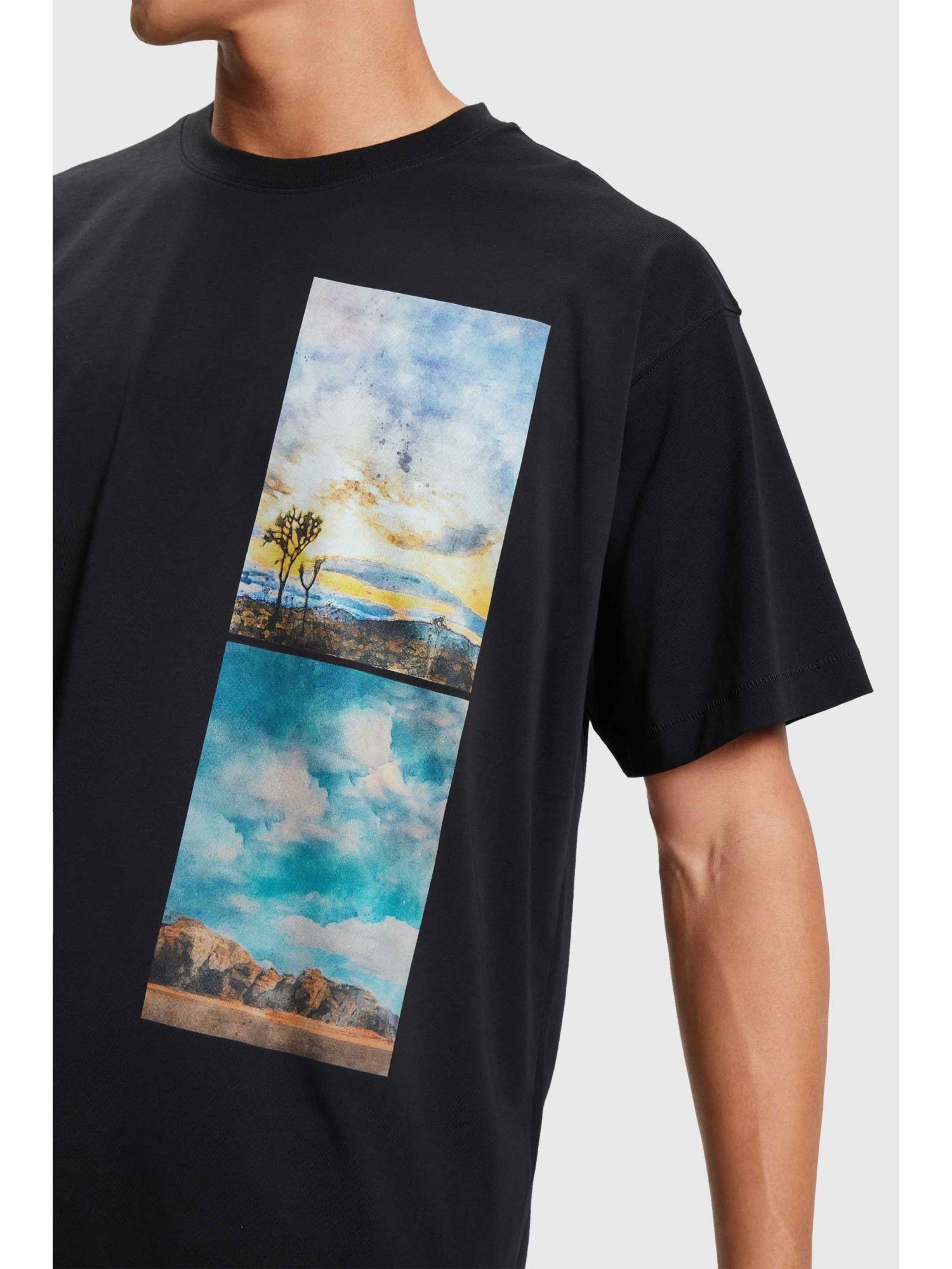 T-Shirt (1-tlg) Landschafts-Print BLACK mit abgesetztem Esprit T-Shirt