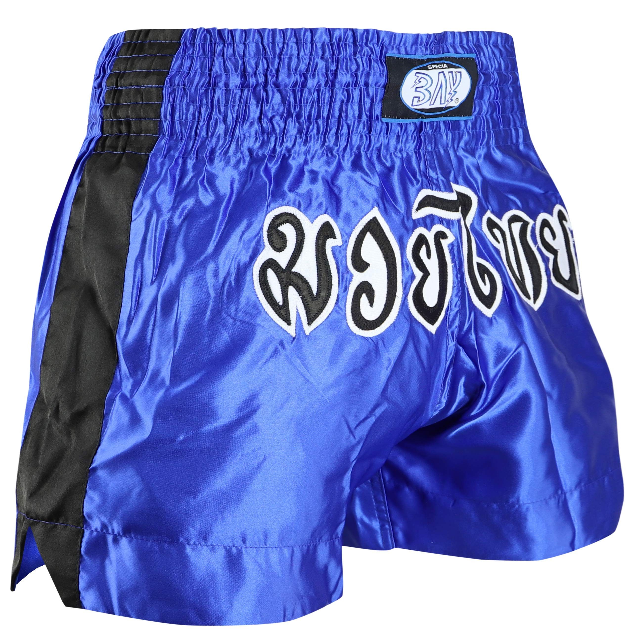 BAY-Sports Sporthose Thaiboxhose REMY Muay Thai Hose Shorts Thaiboxen MMA kurz Kickboxen kurze, leichte, locker sitzende Trainingshose, Blau/Schwarz/Weiß