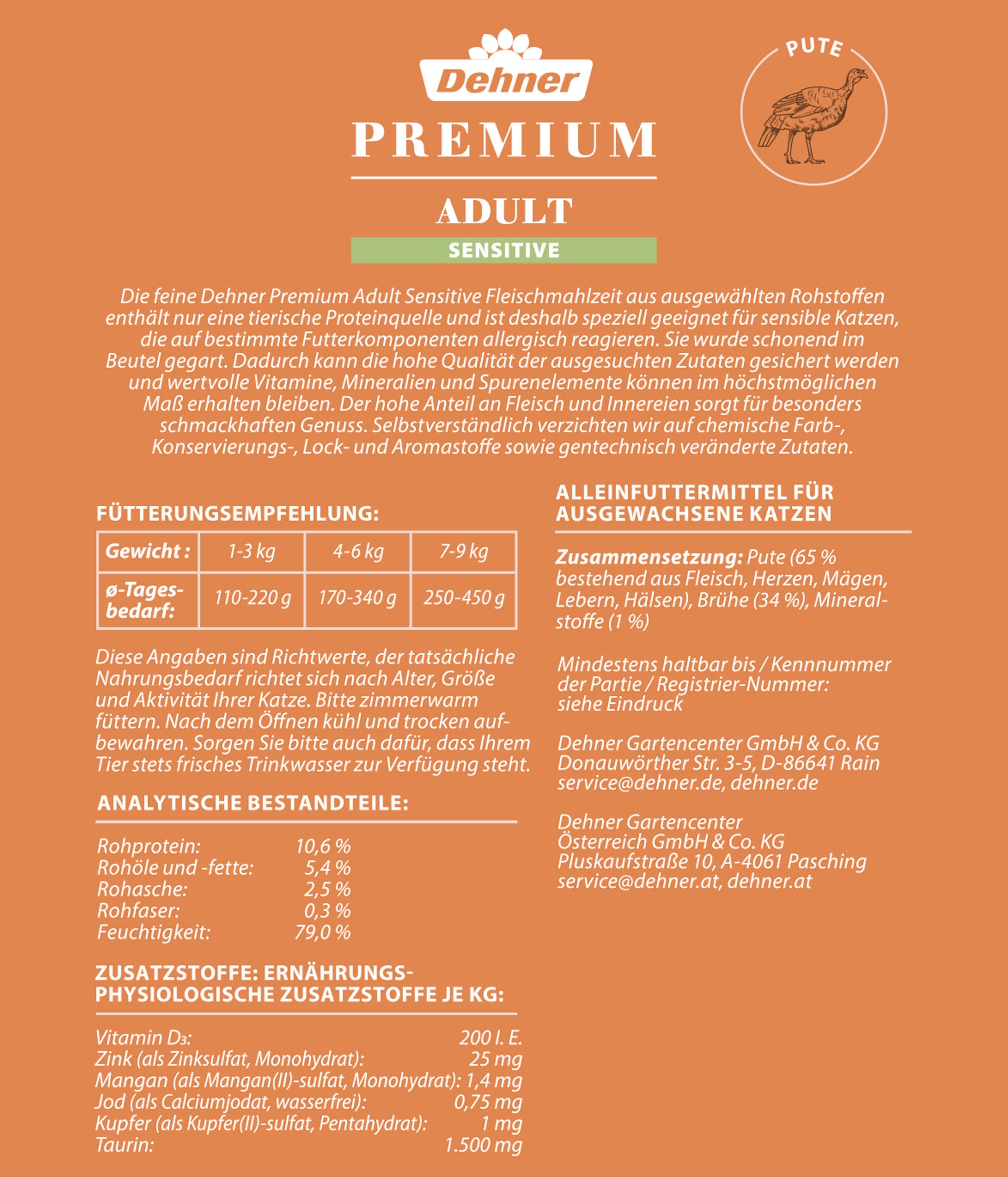 Dehner Premium Adult, Sensitive, versch. Sorten, 12 x 100 g Beutel Pute, Nassfutter für: Katze, Nassfutter für ausgewachsene, sensible Katzen
