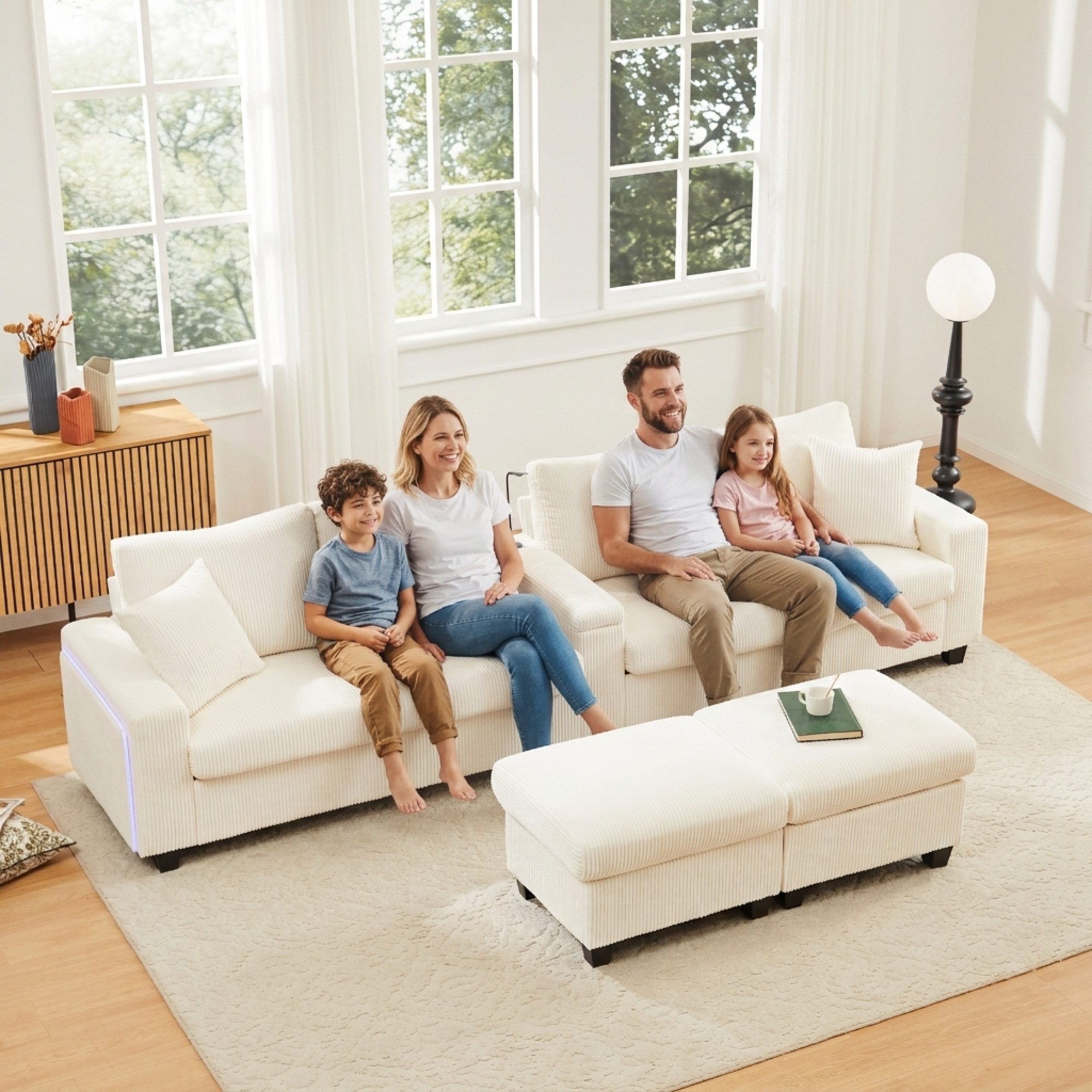 Flieks 4-Sitzer Sofa mit Leselampe, LED-Beleuchtung, Getränkehalter & USB/Type-C, Set, U-förmiges Polstersofa inkl. 2 Hocker mit Stauraum, Cordstoff Beige