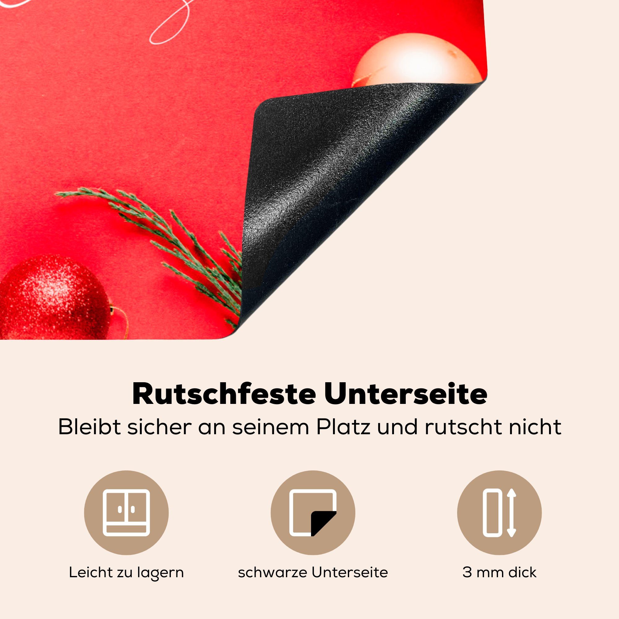 MuchoWow Herdblende-/Abdeckplatte Winter - Rot 81x52 Vinyl, für (1 die Schutz Zitat, Ceranfeldabdeckung tlg), - Induktionskochfeld küche, Weihnachtskugeln cm, 