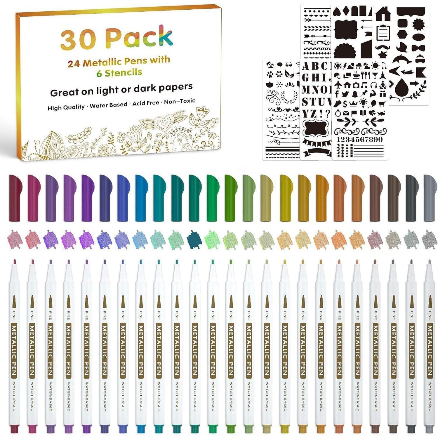Lineon Marker 30 tlg Metallic Marker Set mit 24 bunte Metallstifte und 6 Vorlagen