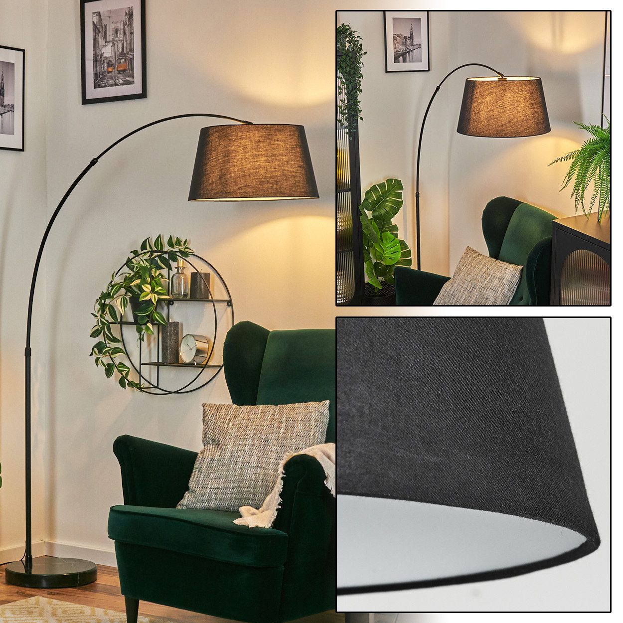 hofstein Bogenlampe Stehlampe mit Marmorfuß aus Metall/Stoff in Schwarz/Weiß, verstellbare Stehleuchte im modernen Design, Ø 40 cm, Fußschalter, E27