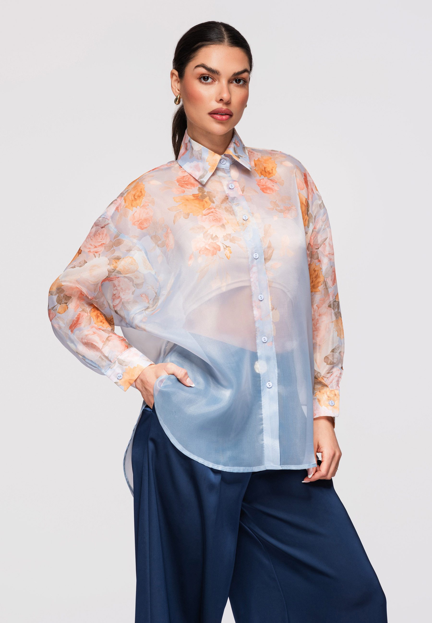 OMBRE Langarmhemd Damen Bluse Floral Transparent Oversize Blau S/M (kein Set, 1-tlg) Verlängerte Länge, Oversize-Passform, Allover-Druck