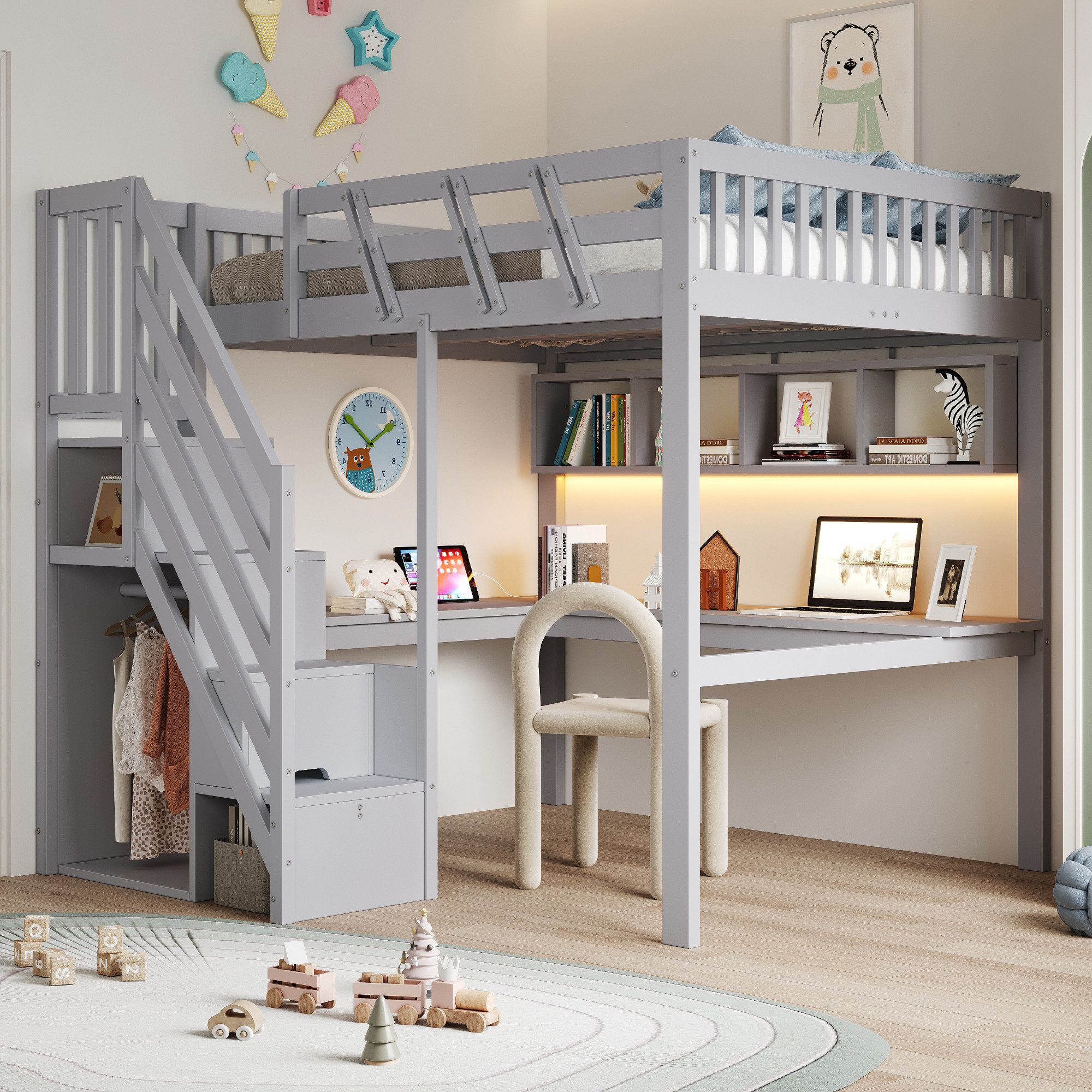 i@home Hochbett Massivholzbett Holzbett Loftbett Einzelbett mit Stauraum 140x200cm mit einem Schreibtisch und USB-Steckdose und LED-LichtKinderbett grau