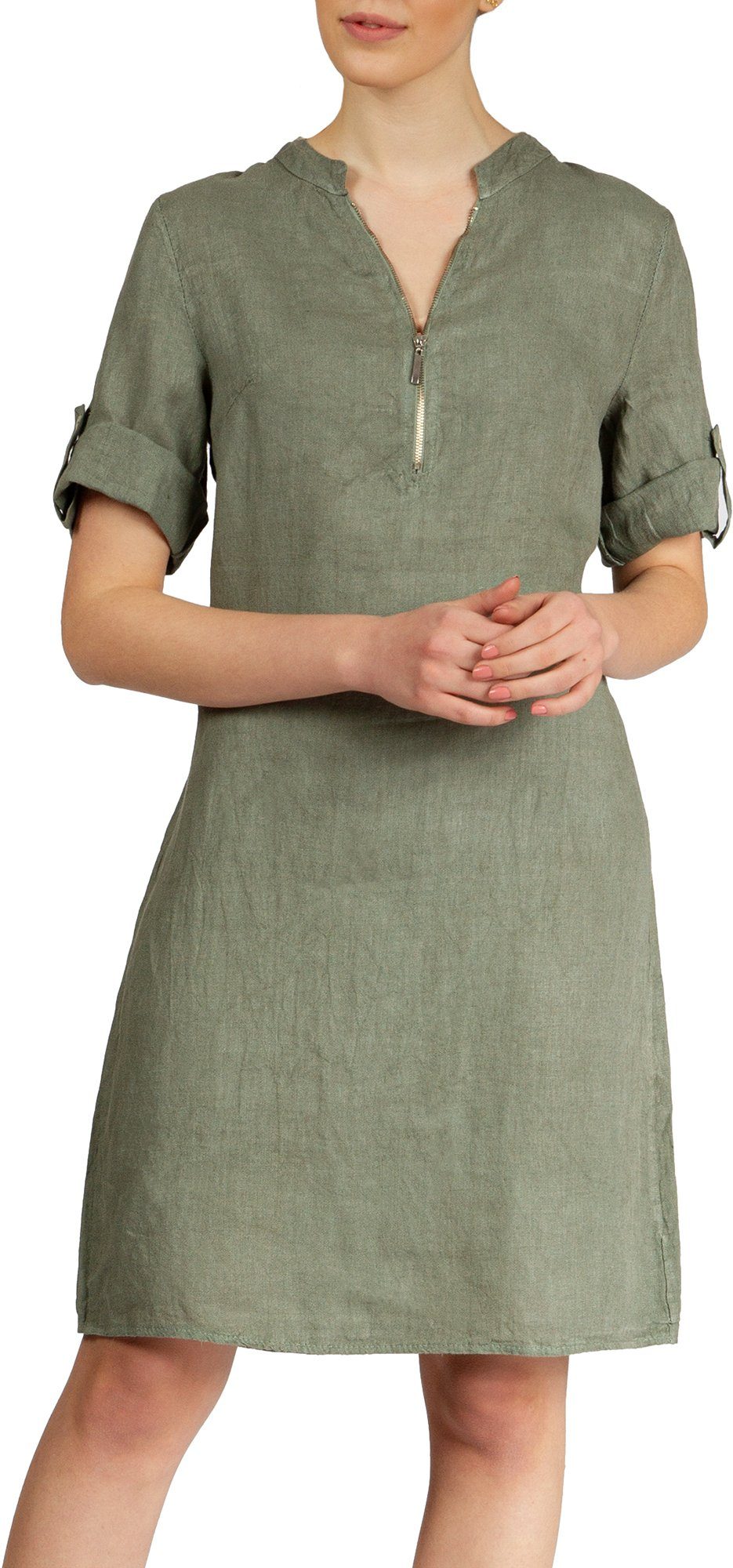 Caspar Sommerkleid SKL037 knielanges Damen Leinenkleid mit Reißverschluss Ausschnitt Luftig leicht, figurumspielende Form, mit seitlichem Jersey-Einsatz