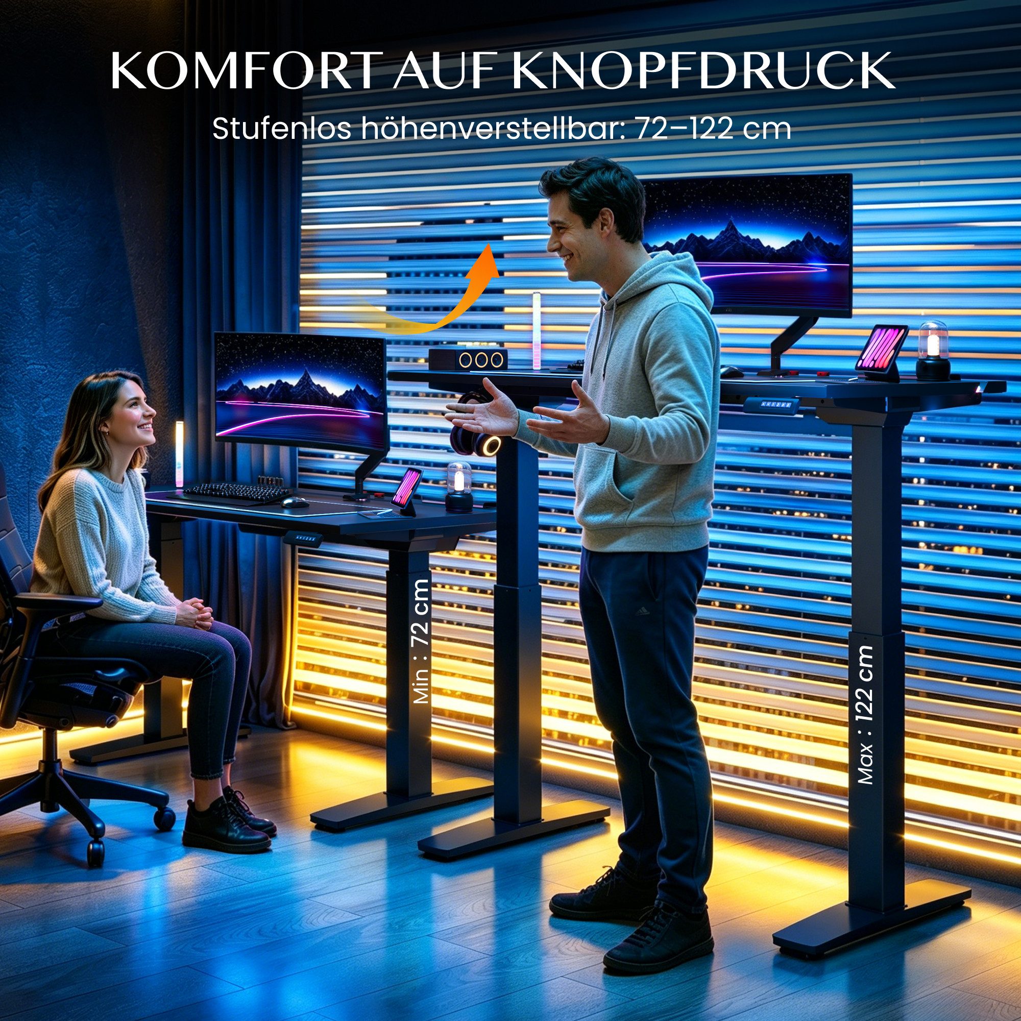 FLEXISPOT Schreibtisch Höhenverstellbarer Gaming-Schreibtisch (Dual-Motor-Technologie, LED-Gaming-Beleuchtung, ergonomisches Design), 120×70 cm, 120 kg belastbar, Schwarz