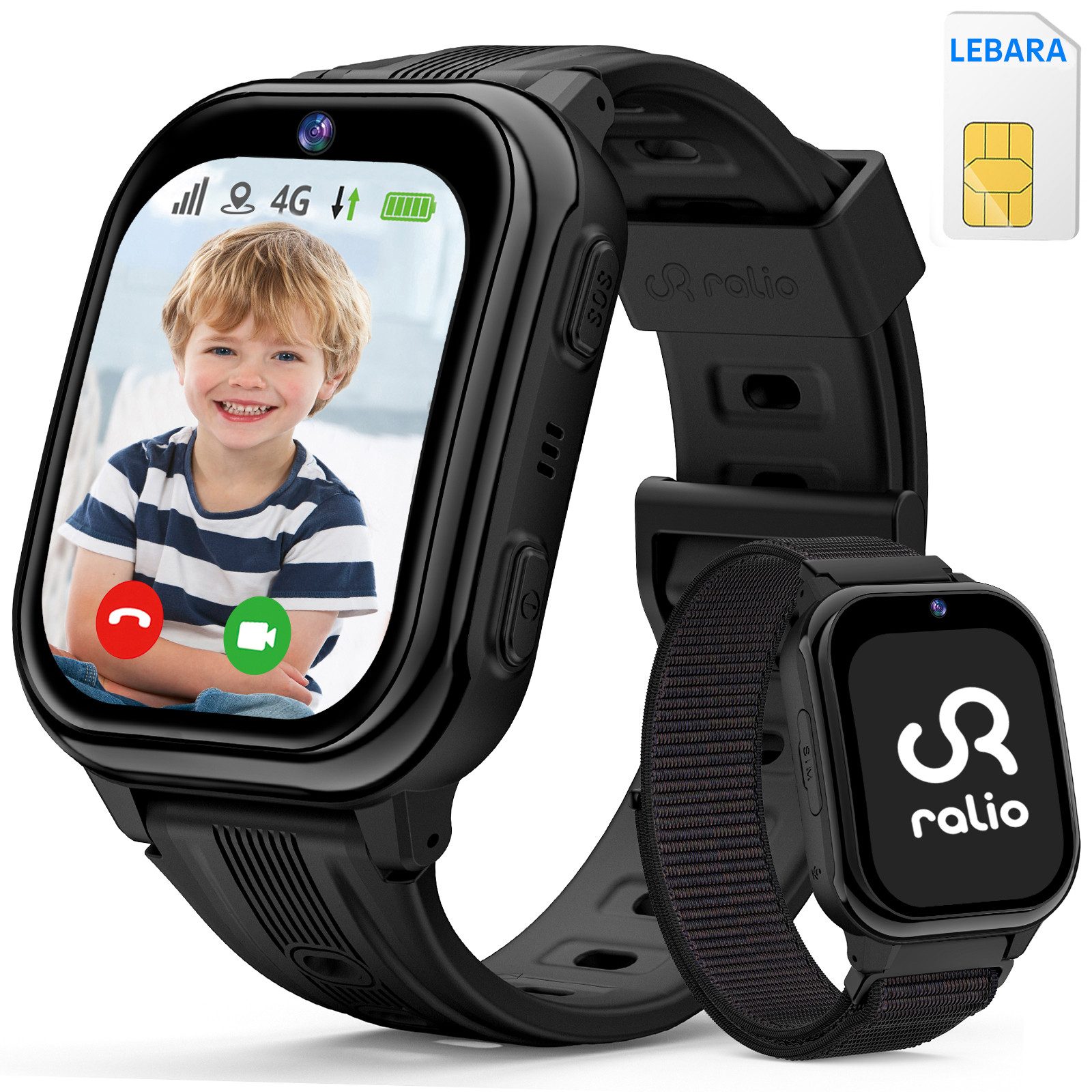 Ralio R5 Plus 4G Smartwatch Kinder, Ralio x Lebara Kinderuhr inkl. SIM-Karte Smartwatch (gebogenes Ultra-HD-Display cm/1.7 Zoll) 3 Tage Akkulaufzeit, GPS-Ortung, Kinderuhr mit HD-Videoanrufen, Schulmodus, SOS, Familien-Gruppenchat und mehr, Zwei Armbänder