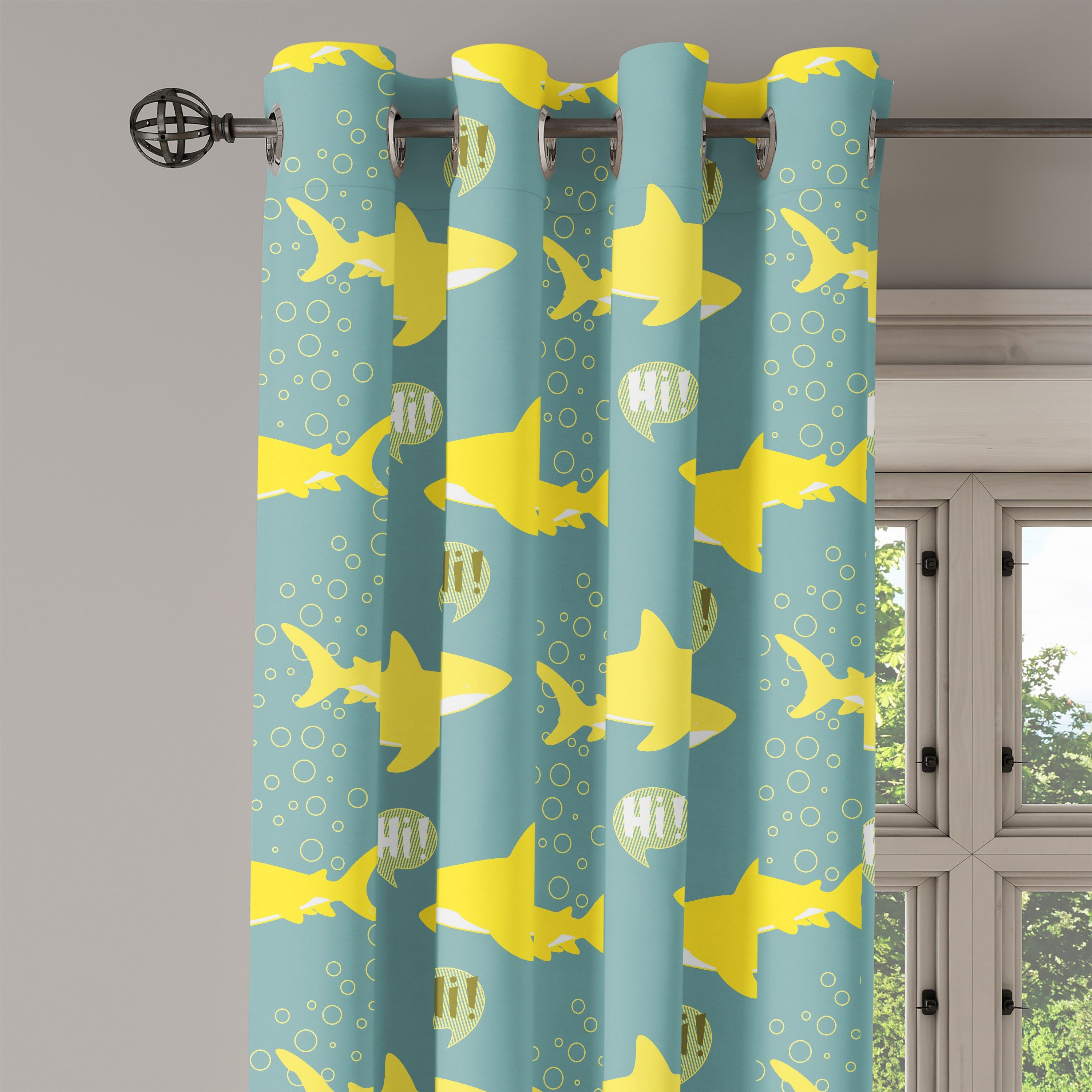 Wohnzimmer, Freundliche Schlafzimmer Hai gelbe für Abakuhaus, Fische 2-Panel-Fenstervorhänge Gardine Dekorative