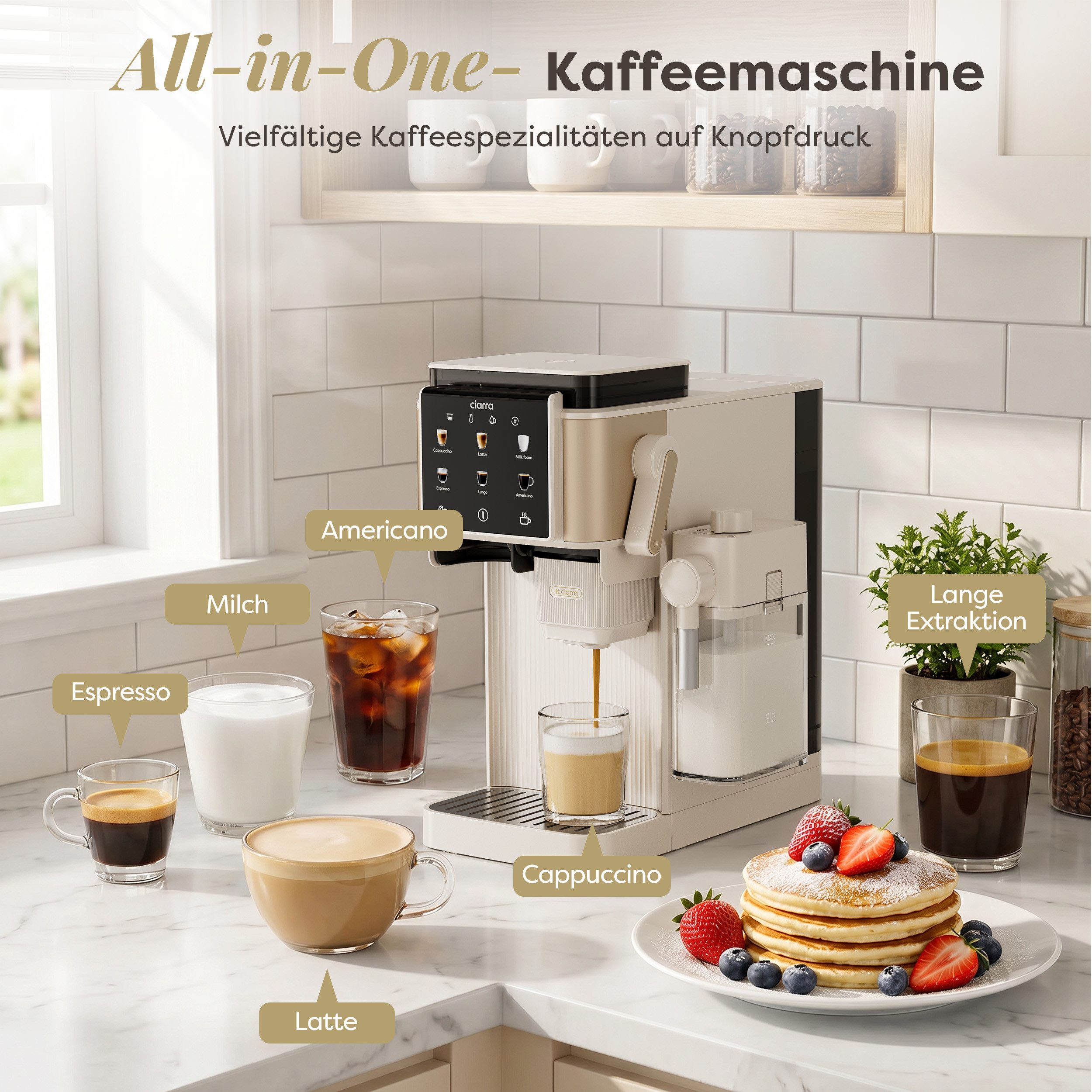 CIARRA Kaffeemaschine mit Mahlwerk Bohnen, Espressomaschine mit Milchaufschäumer, 6 Kaffeeoptionen auf Knopfdruck, 15 Bar Pumpendruck CBSACM-D6, Bohnenbehälter 80g, Milchbehälter 300ml, 6 Mahlstufen Latte Cappuccino