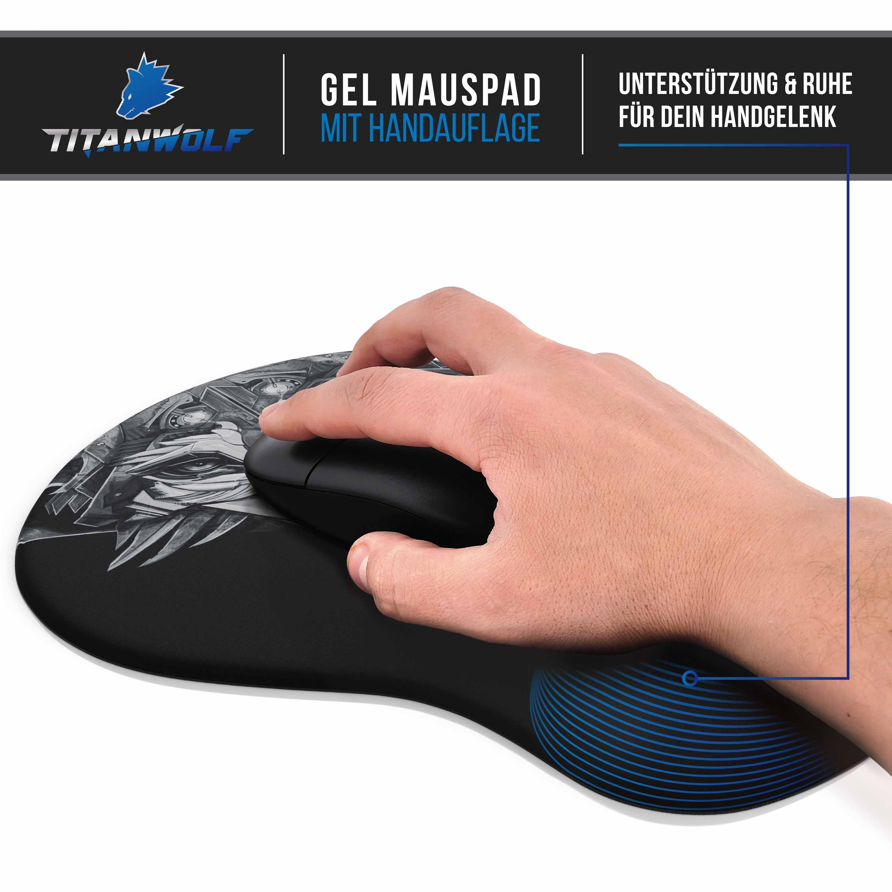 Titanwolf Gaming Mauspad Office Gel Mousepad mit ergonomischer Handgelenkauflage, Handballenauflage, Gelpolster ergonomisch, abwaschbar, schwarz