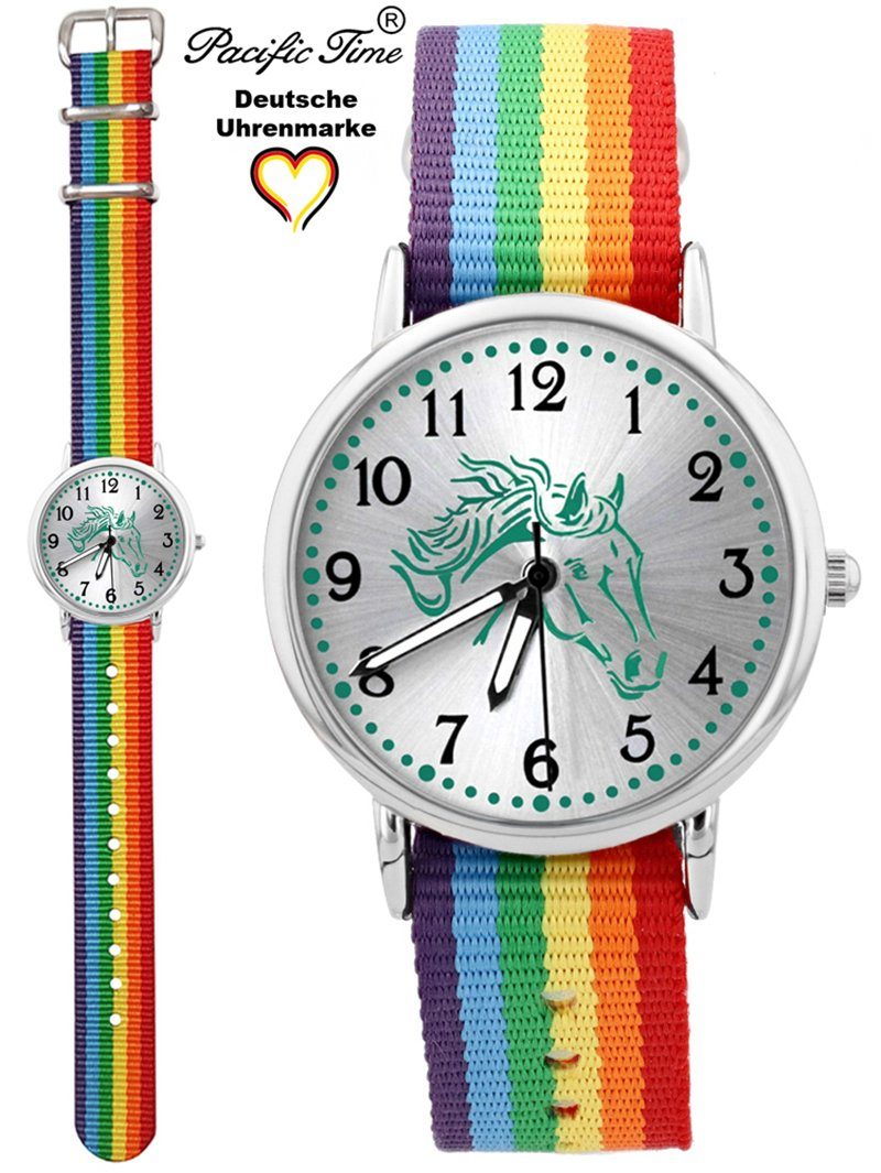 Pacific Time Quarzuhr - Wechselarmband, Regenbogen Pferd und Match türkis Armbanduhr Gratis Design Kinder Versand Mix