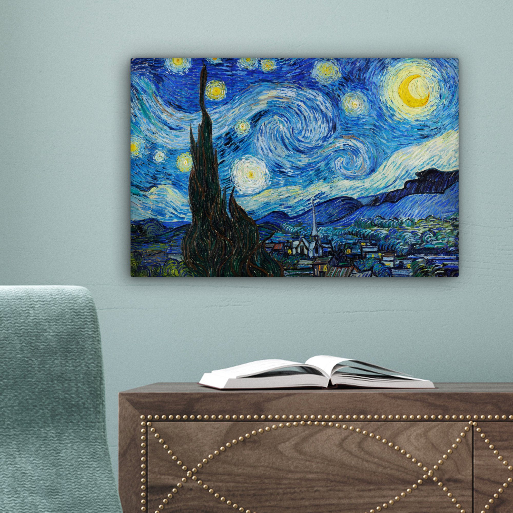 bunt Aufhängefertig, St), cm 30x20 Wandbild (1 OneMillionCanvasses® Leinwandbild Nacht van Die Gogh, Wanddeko, - Leinwandbilder, Vincent sternenklare