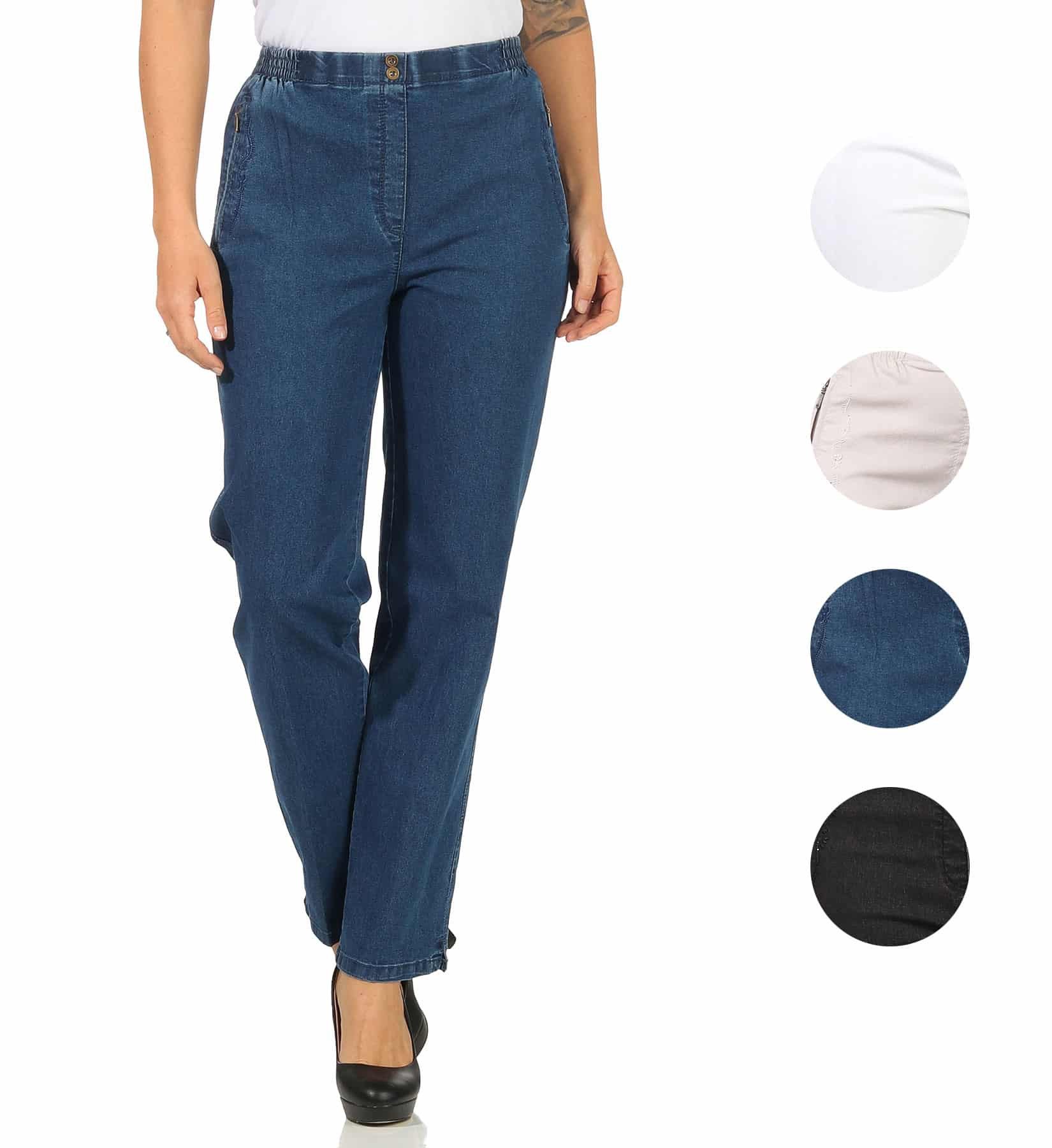 Aurela Damenmode Straight-Jeans Stretch Jeans Damen Schlupfhose Kurzgröße Jeanshose Denim mit Gummizug, Größe 36 bis 54