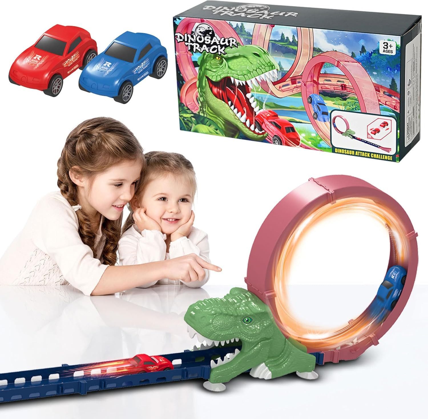LA CUTE Autorennbahn Dinosaurier Autorennbahn Set mit 2 Trägheitswagen, 360° Track., (Dinosaurier-Rennbahn-Set für Kinder, inklusive 2 Rennwagen., 16-tlg., Dinosaurier-Rennbahn mit 16 Teilen und drehenden Trägheits-Autos), 360° drehende Dinosaurier-Rennbahn mit 2 Aufzieh-Rennwagen.