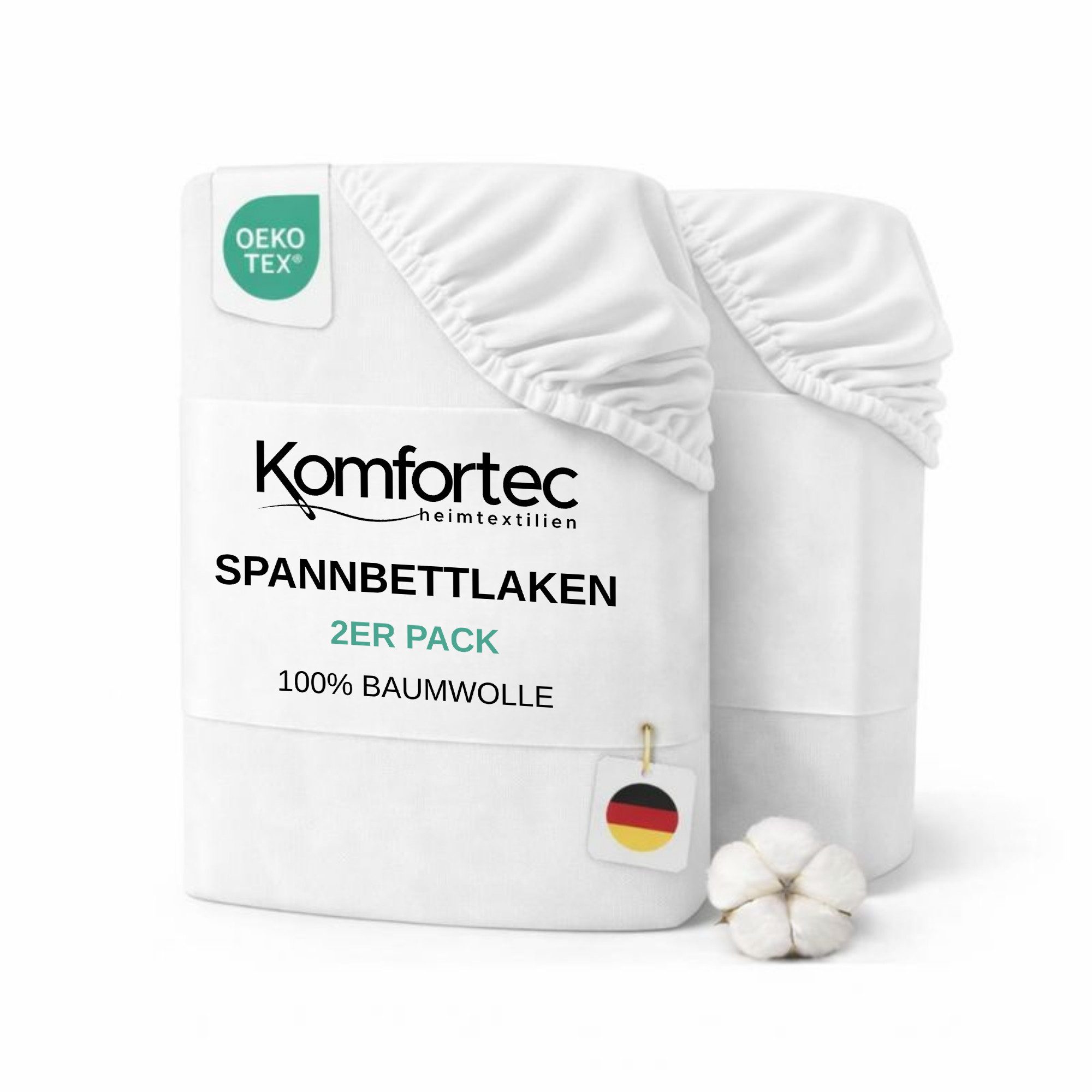 Komfortec Spannbettlaken Jersey Spannbettuch, 90x200, 140x200, 160x200, 180x200 oder 200x200 cm, 100% Baumwolle (135 g/m), Gummizug: Rundum, (2 Stück), OEKO-TEX® Standard 100 Zertifisiert, für Matratzen bis 25 cm Höhe