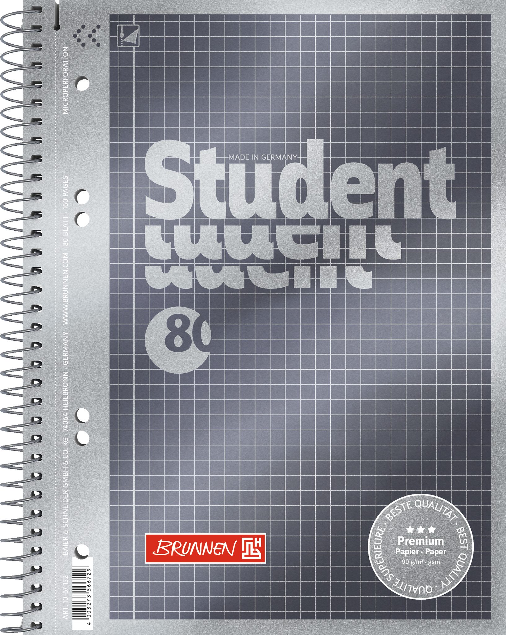 BRUNNEN Collegeblock Collegeblock Student Premium A5 5 mm kariert Deckblatt: anthrazit-meta