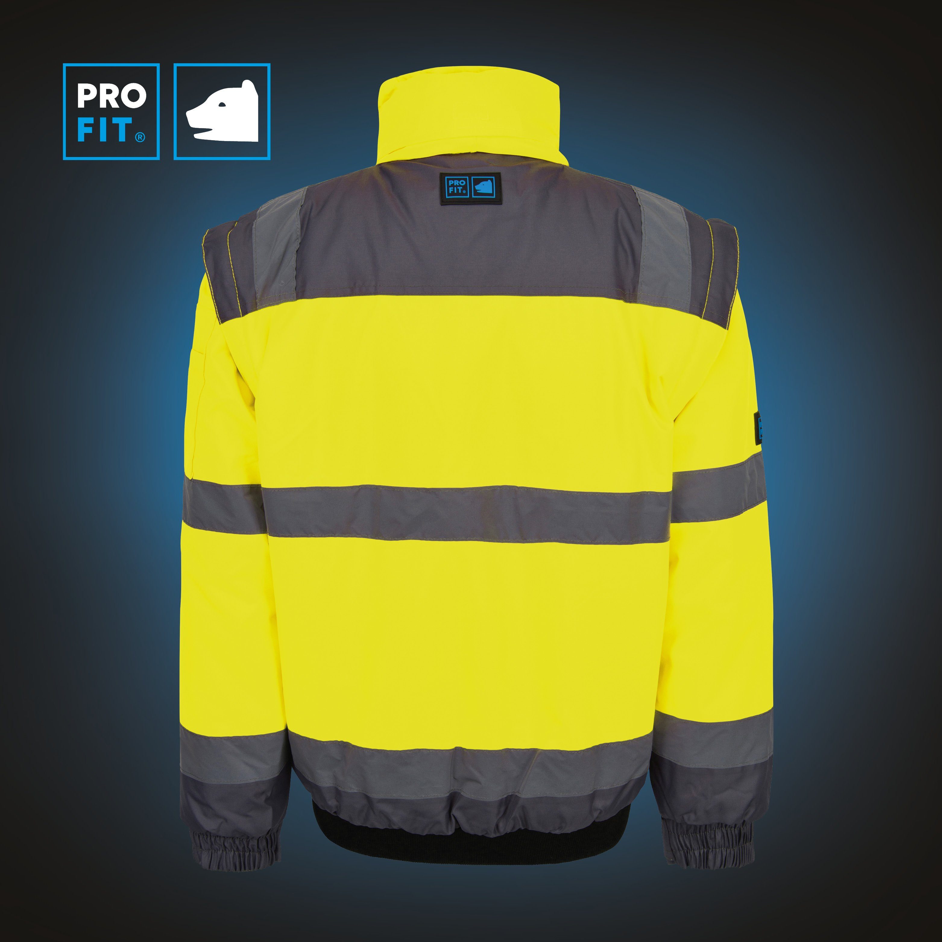 PRO FIT by Fitzner work jacket, high-visibility pilot jacket, breathable, unisex, neon yellow/grey (1 pc), wind and water resistant, detachable sleeves, reflective stripes