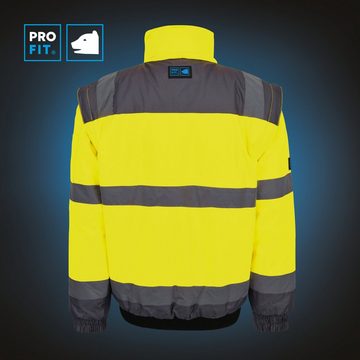 PRO FIT by Fitzner Arbeitsjacke Warnschutz Pilotenjacke Neongelb/Grau (1-St) Winddicht, Wasserdicht, Reflektionsstreifen, Kapuze im Kragen