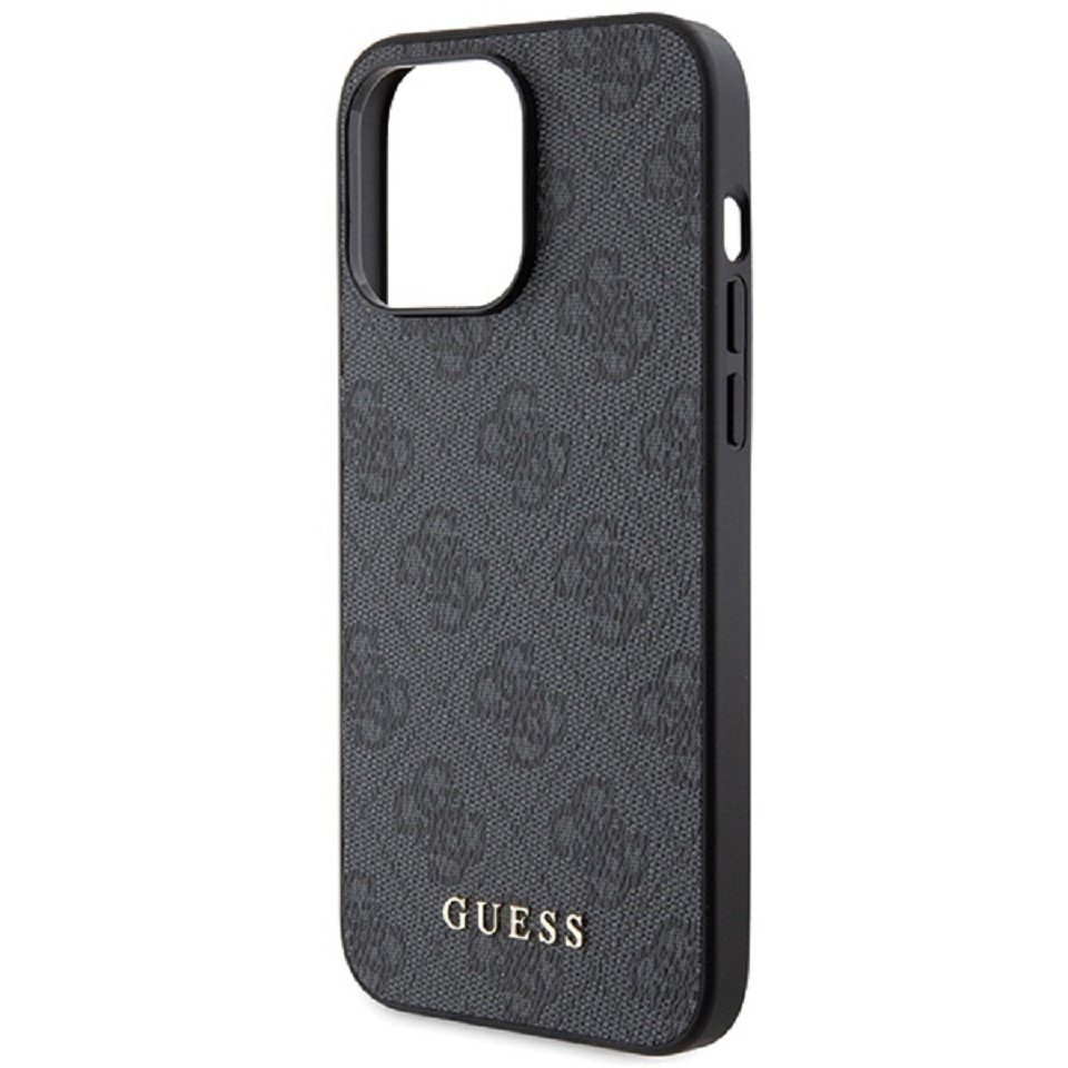 Guess Handyhülle Case iPhone 15 Pro Max Kunstleder grau mit goldfarbenen Logo 6,7 Zoll, Kantenschutz