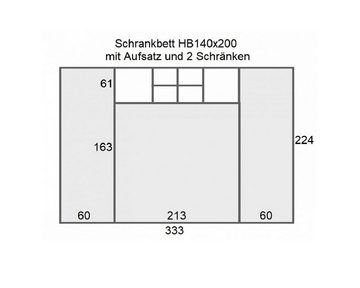 QMM TraumMöbel Schrankbett Wandbett HB 140x200 mit 2 Schränken & Aufsatz (Set, 4-St) horizontal klappbar