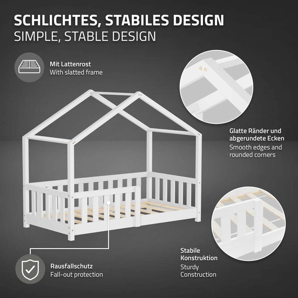 ML-DESIGN Spielbett Hausbett Kinderbett inkl. Lattenrost & Rausfallschutz Kinder Bodenbett, Abenteuerbett 70x140cm Haus Bett Himmelbett Kiefer Jugendbett Weiß