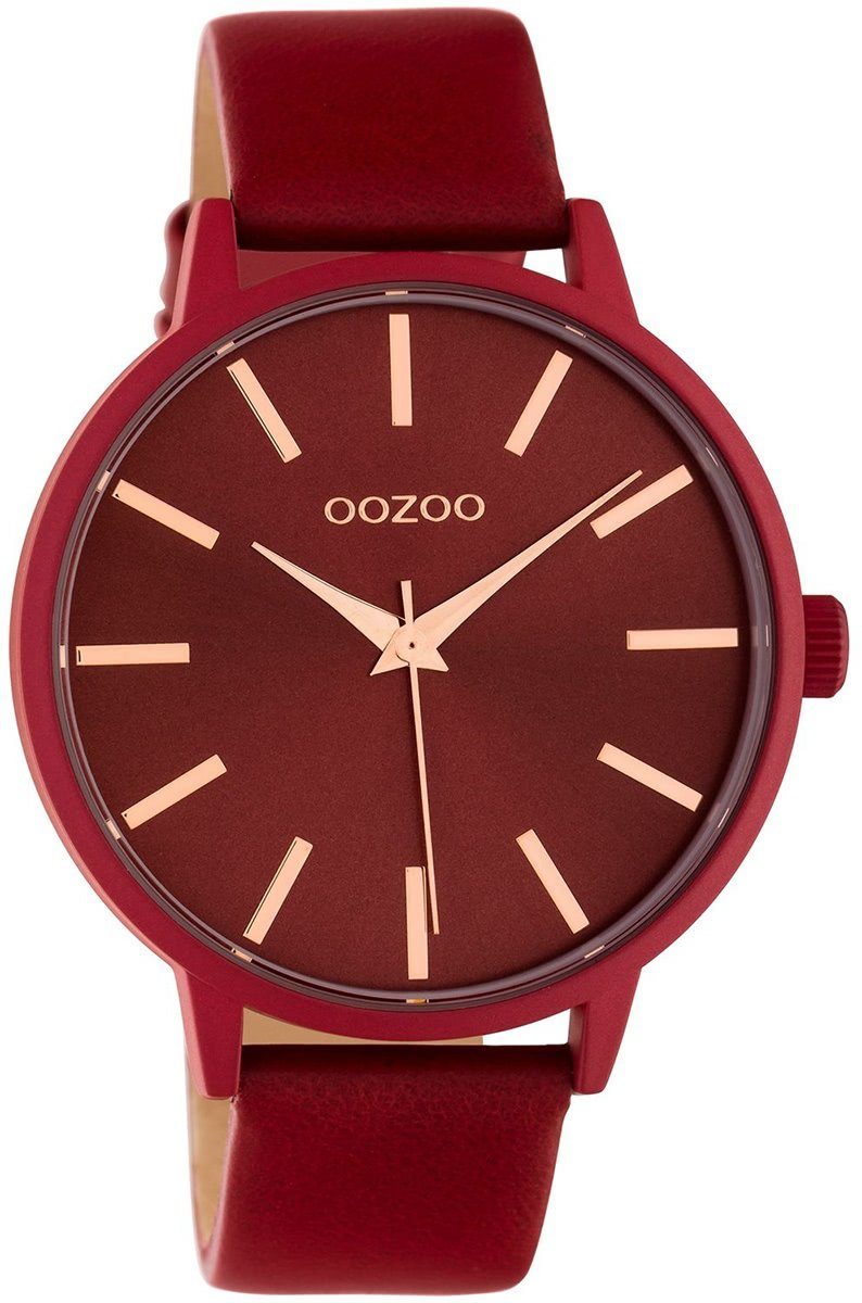 OOZOO Quarzuhr Oozoo Damen Damenuhr rot, 42mm) groß Armbanduhr rund, (ca. Fashion-Style Lederarmband