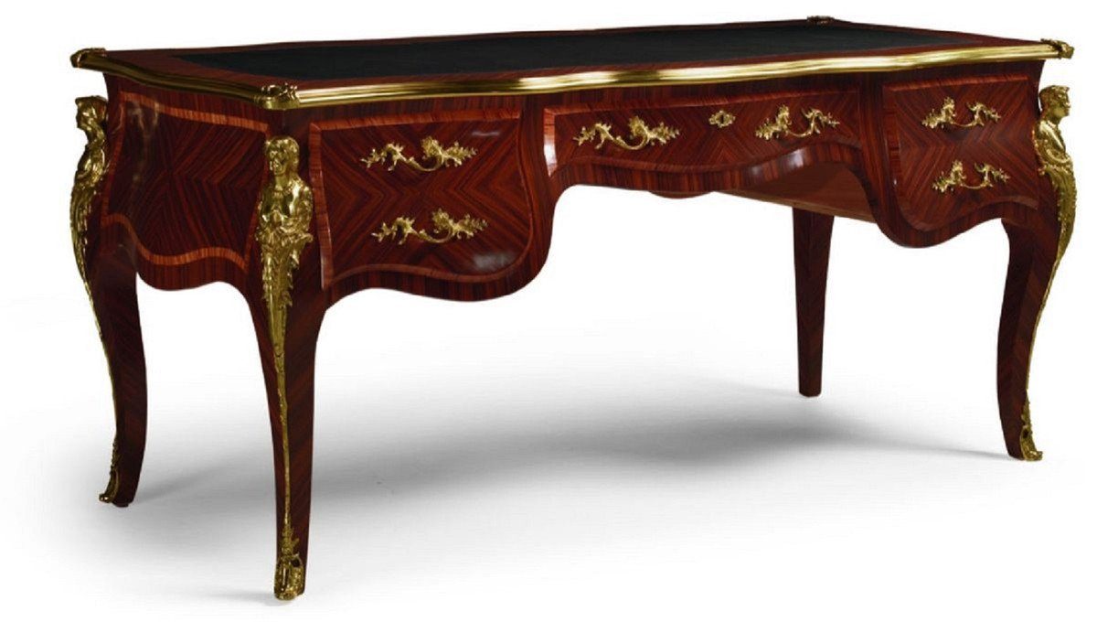 Casa Padrino Schreibtisch Luxus Barock Schreibtisch mit 5 Schubladen Dunkelbraun / Schwarz / Gold - Prunkvoller handgefertigter Massivholz Bürotisch - Barock Büromöbel - Luxus Qualität - Made in Italy