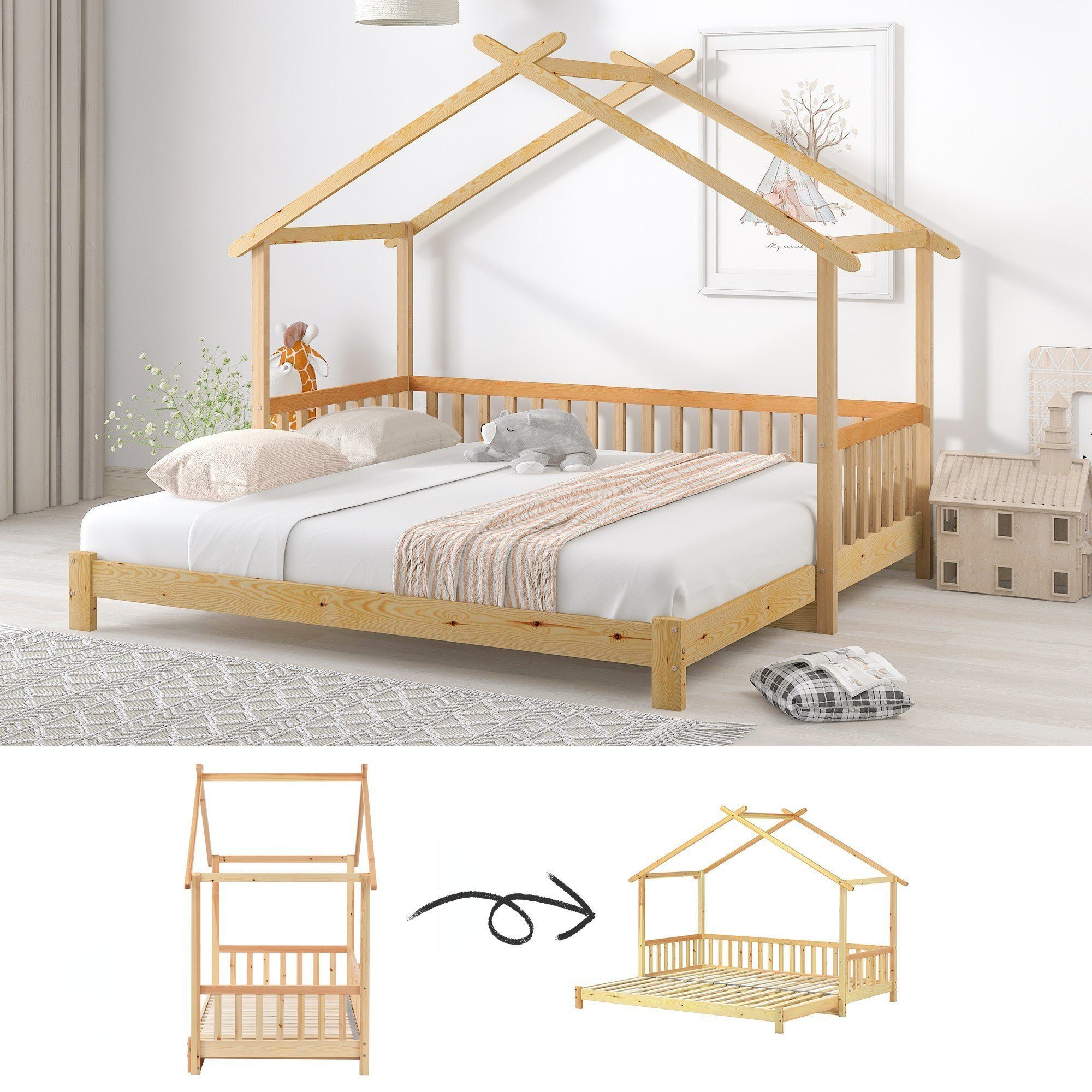 SOFTWEARY Kinderbett Ausziehbett mit Lattenrost und ausziehbarer Liegefläche (90x200 cm/180x200 cm), Hausbett, Kiefer