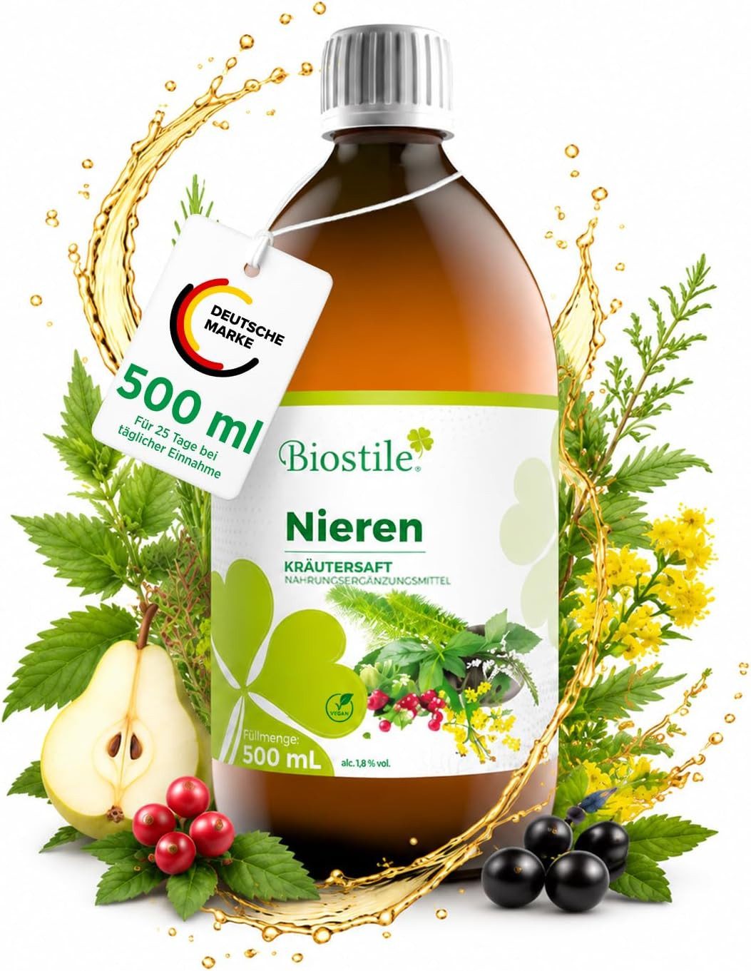 Biostile Niere Kräutersaft für Niere & Blase, Flüssige Kräuterformel, Natürlicher Saft, 500 g, mit Goldrute, Bärentraube, Schachtelhalm & Ortosiphon, 500 ml