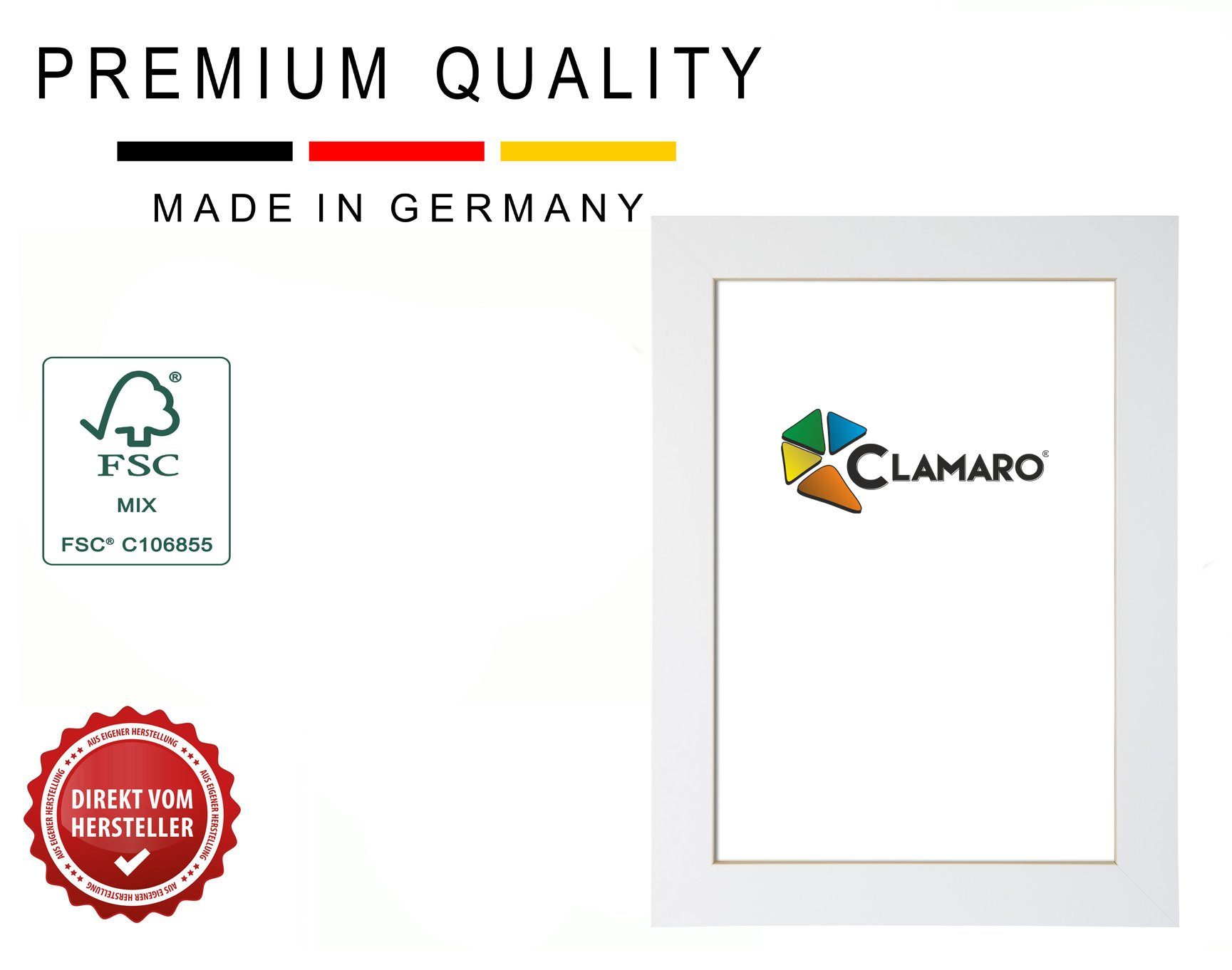 Clamaro Rahmen, Bilderrahmen CLAMARO 'Collage' DIN FSC® Holz MDF Rahmen inkl. Acrylglas, Rückwand und Aufhänger weiss matt