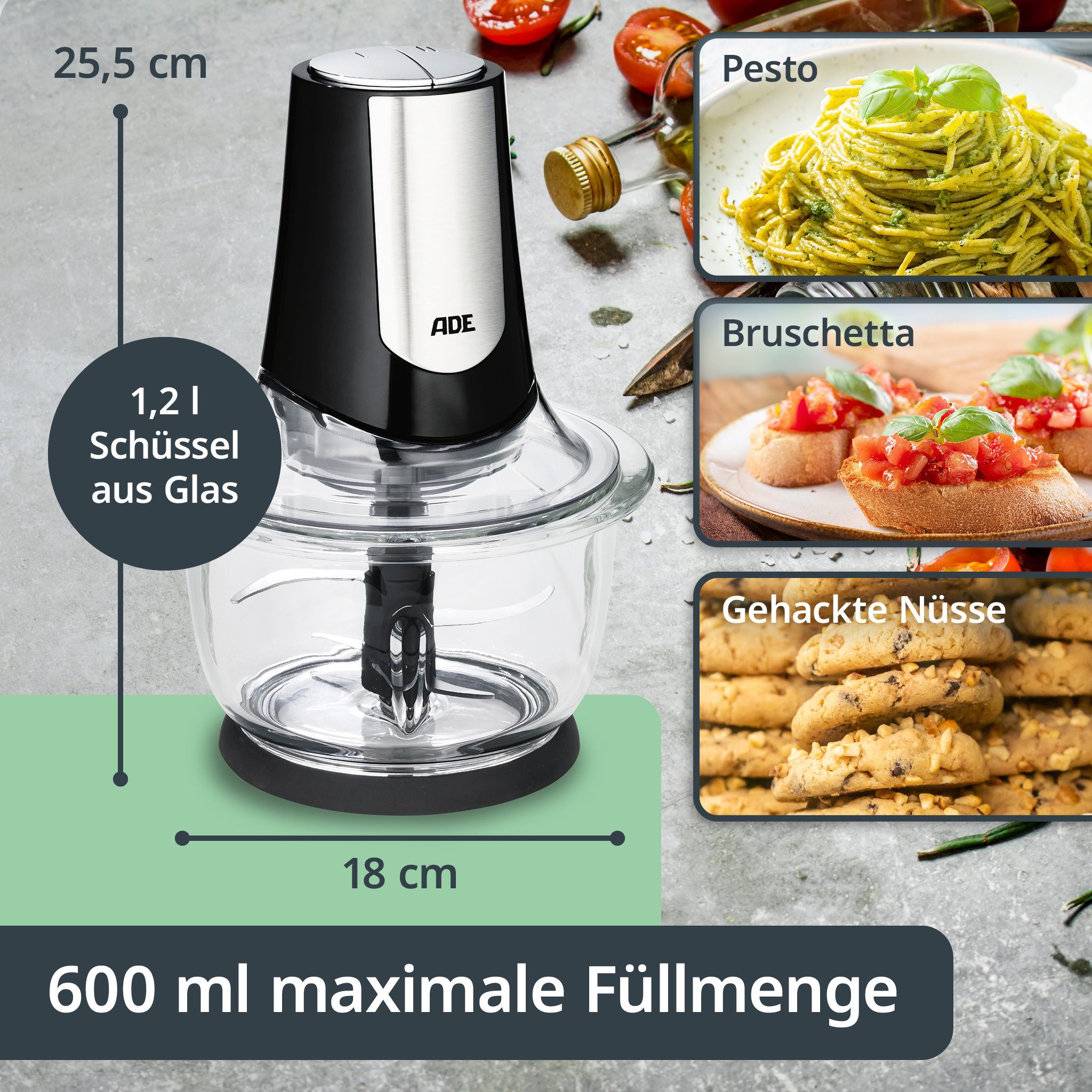 ADE Zerkleinerer elektrisch 500 W, Gemüseschneider, Multizerkleinerer, Zwiebelschneider, kraftvoller Motor, große 1,2 L Glasschüssel, 4 Schneidemesser