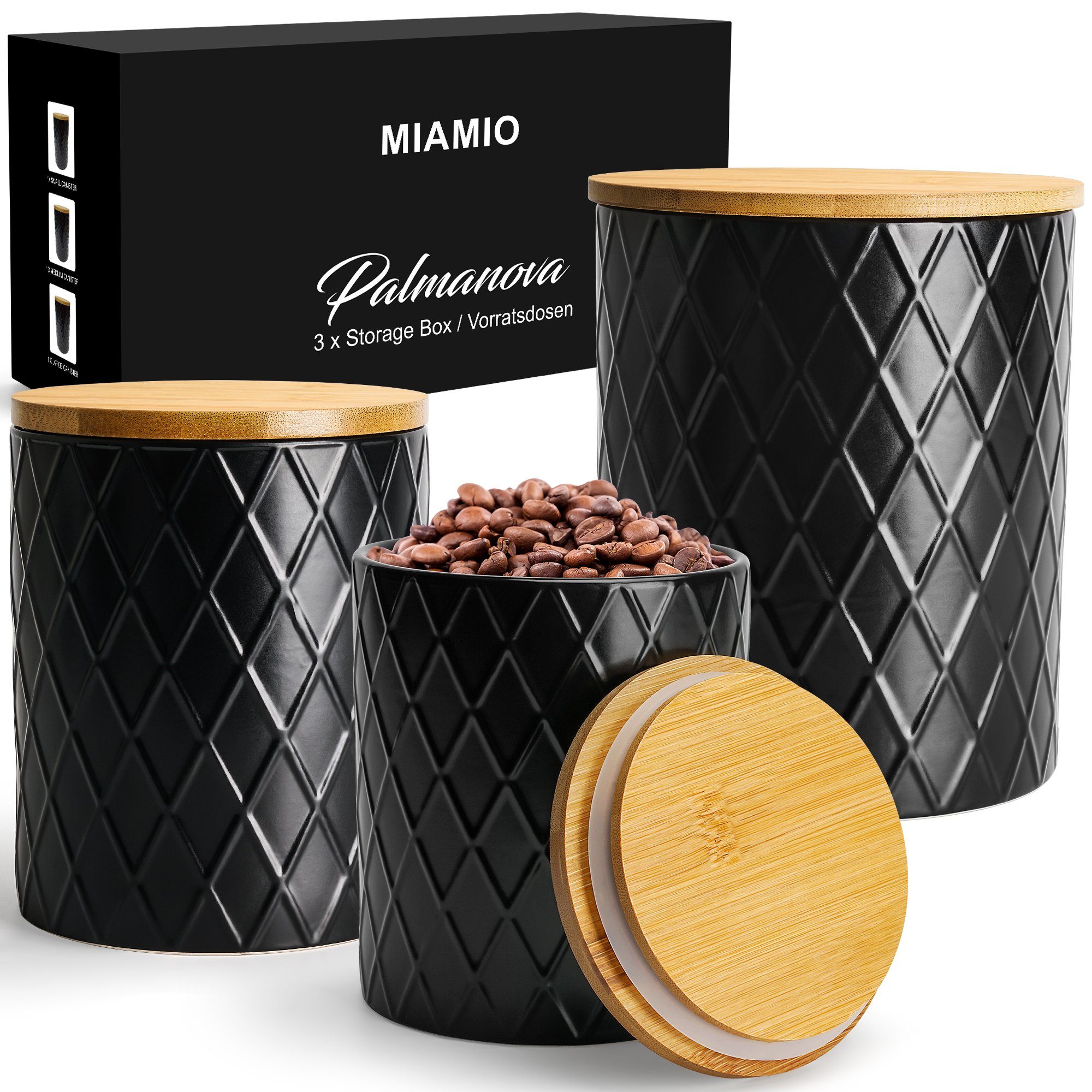 MiaMio Vorratsdose 3er Set Vorratsdosen aus Keramik mit luftdichtem Holzdeckel