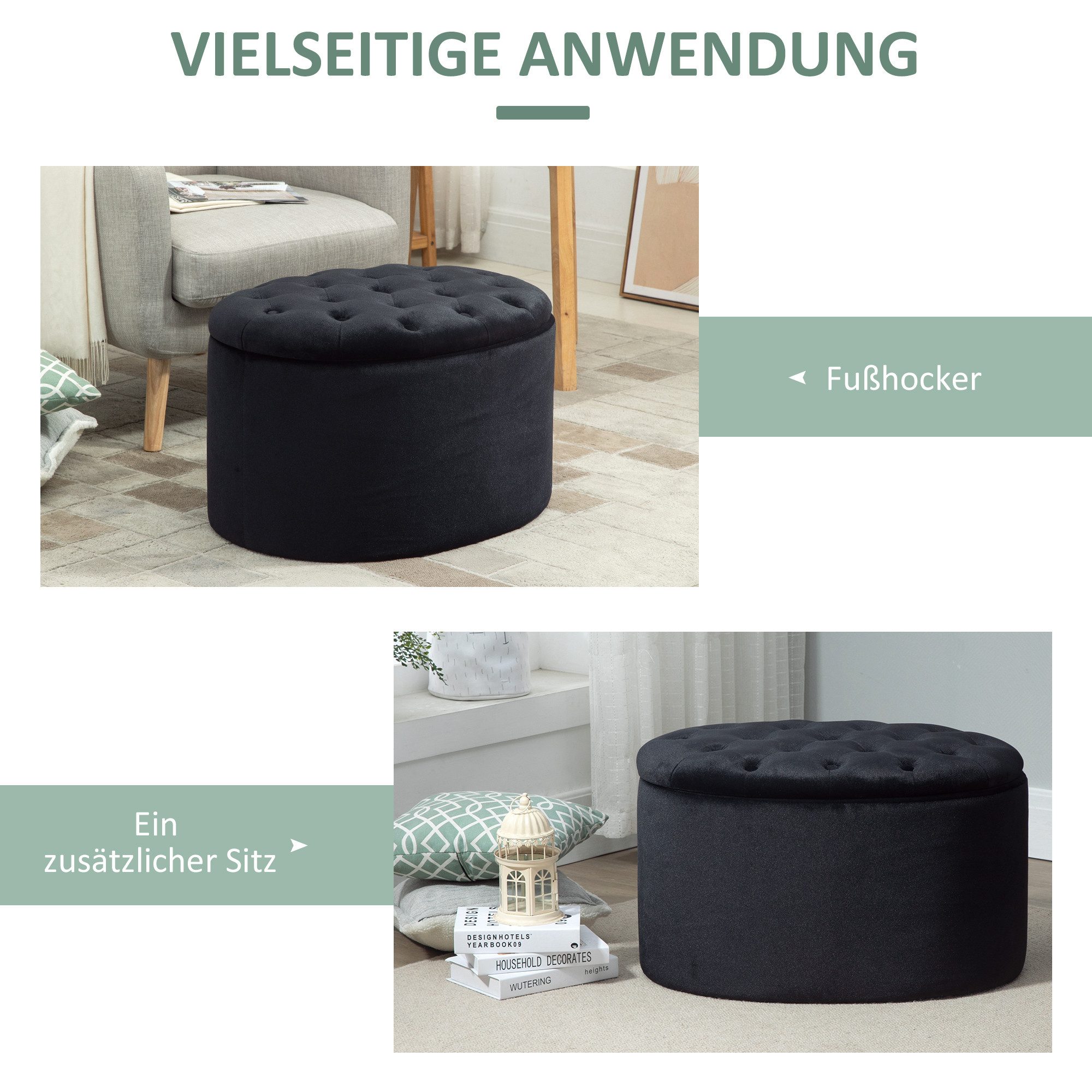 HOMCOM Sitzbank Polsterbank mit Samtoptik, Sitztruhe Ovale Form, Truhenbank (Aufbewahrungsbank, 1-St., Lagerbank), samtartiges Polyester Schwarz 71 x 52 x 42 cm – Bild 5 von 5