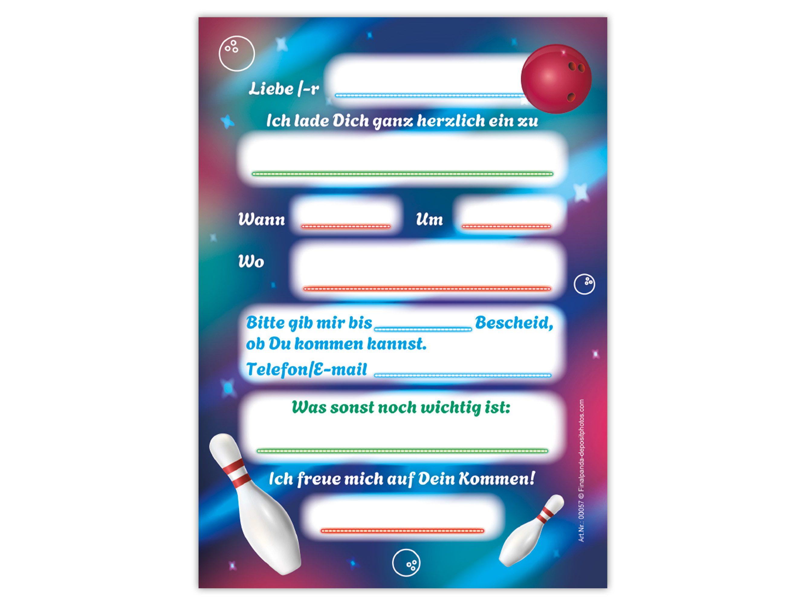 LIMONIA Einladungskarten Bowling zum Kindergeburtstag Jungen Mädchen Einladungen Kegeln, Einladungskarten mit einem Bowling Motiv