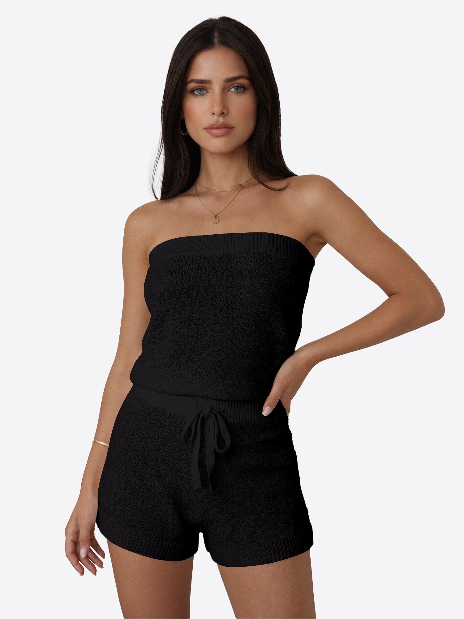 Imily Bela Hausanzug Damen Sommer Stricken Loose Schulterfrei Casual (Set, 2 tlg., 2er-Pack, Top+Shorts) gehäkelt in Unifarbe