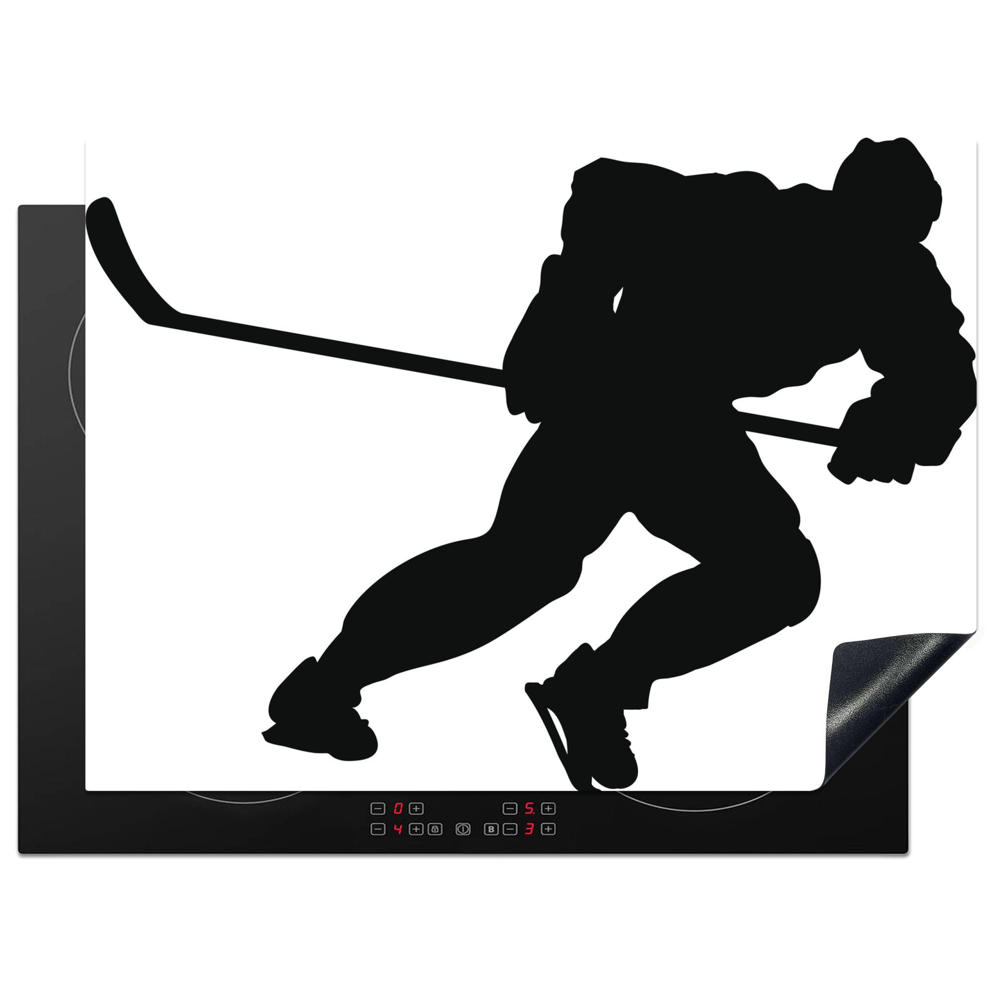 MuchoWow Herdblende-/Abdeckplatte Eine Silhouette eines sprintenden Eishockeyspielers in einer, Vinyl, (1 tlg), 70x52 cm, Mobile Arbeitsfläche nutzbar, Ceranfeldabdeckung