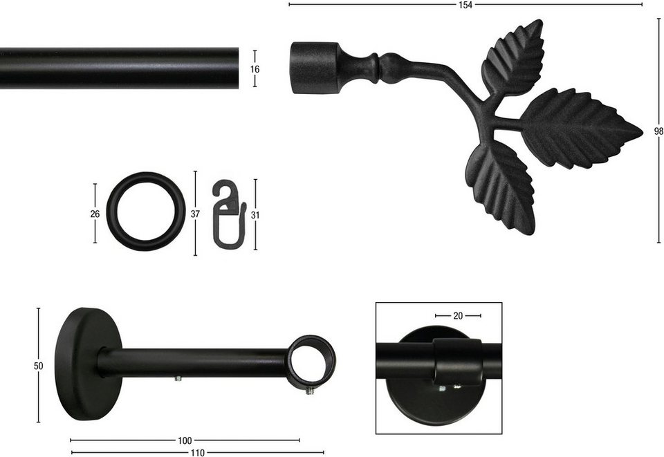 Blatt Wunschmaßlänge, 16 Metall, m. verlängerbar, Vorhanggarnitur, rustikale Ø Ringe, Gardinenstange 1-läufig, RUSTIKA, GARESA, mm, Endk. verschraubt,