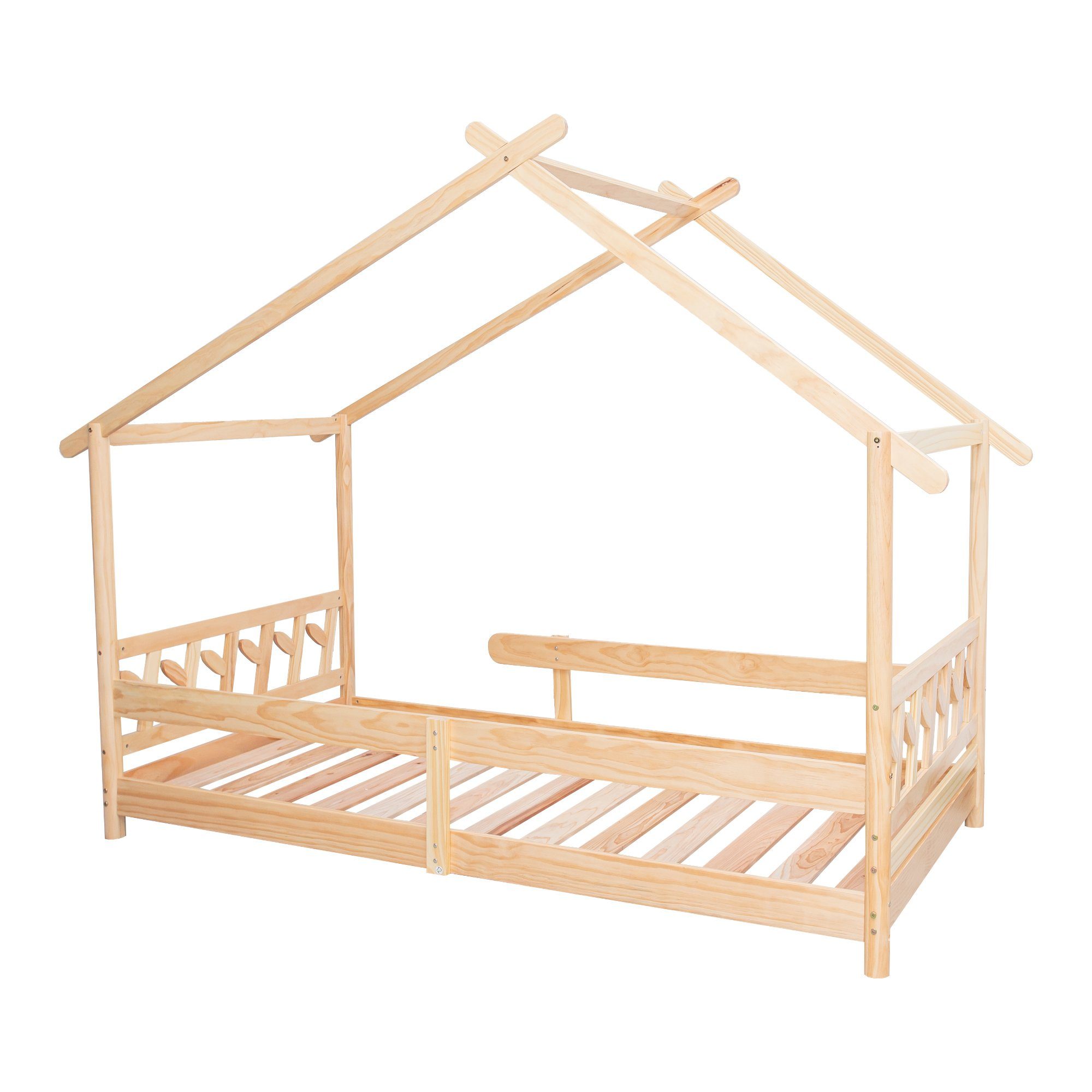 Matratze und Lattenrost), für mit (Mit Jugendliche Gitter Gästebett Funktionsbett Holzbett Kinder Kinderbett OKWISH Ohne 200x90cm, und Natur Hausbett Rausfallschutz