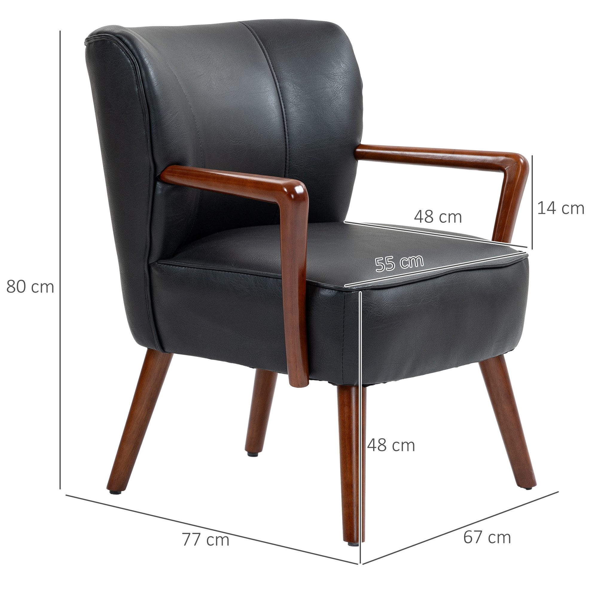HOMCOM Relaxsessel Loungesessel mit gepolsterte Sitzfläche (Relaxstuhl, 1-St., Akzentstuhl), für Wohnzimmer, Schlafzimmer, Kunstleder, Schwarz, 67 x 77 x 80 cm