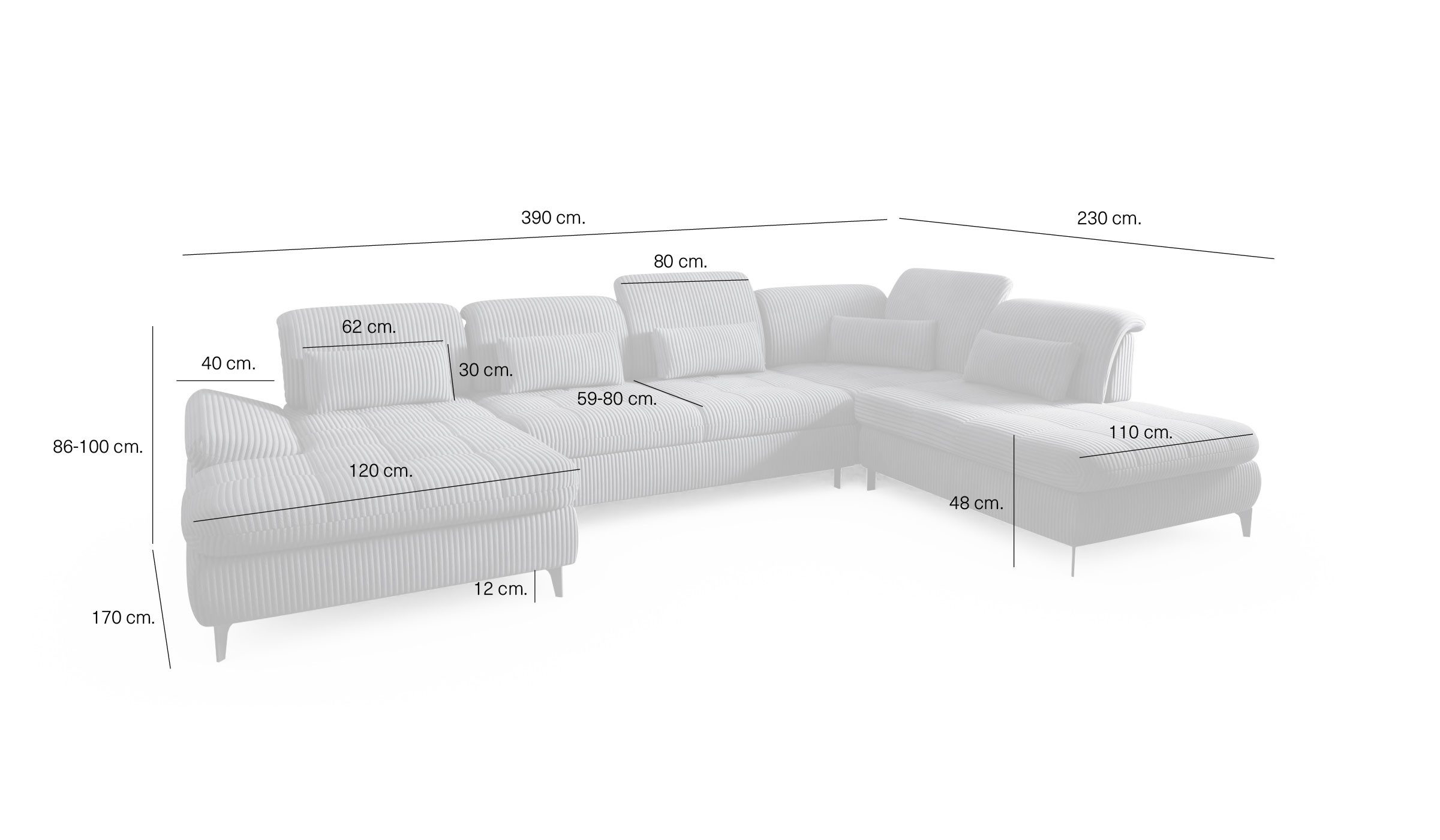 Hygger Möbelhaus Wohnlandschaft Nola XXL U-Form. Mit Schlaffunktion und Bettkasten 390 × 170/230 cm., Eckcouch B × T₁ / T₂: 390 × 170/230 cm, Ecksofa, Hergestellt in Europa