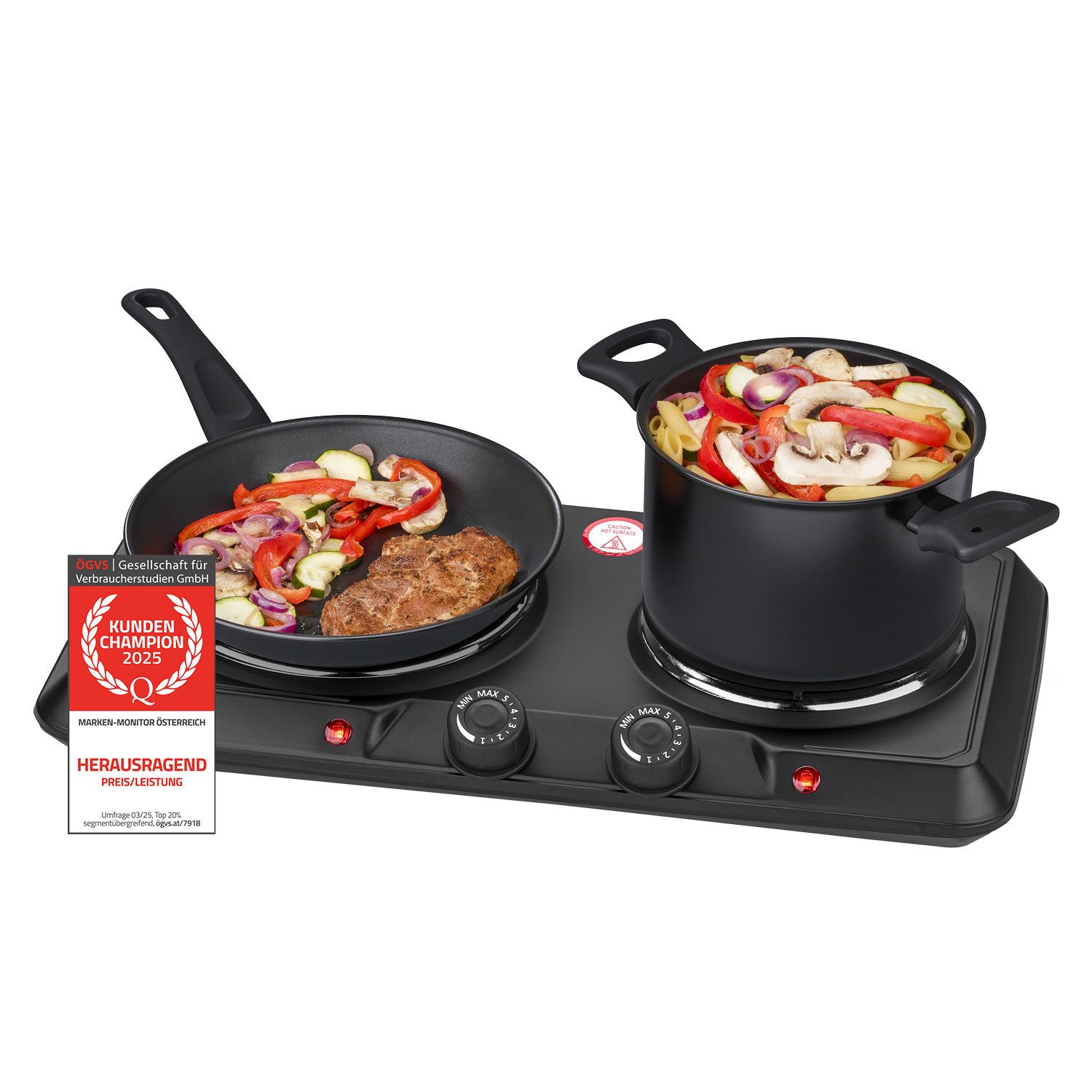 TZS FIRST AUSTRIA Doppelkochplatte 2500W, Gusseisen, 180 & 150 mm, Stufenlose Thermostatsteuerung, Mobile Herdplatte, Überhitzungsschutz, manuelle Bedienung