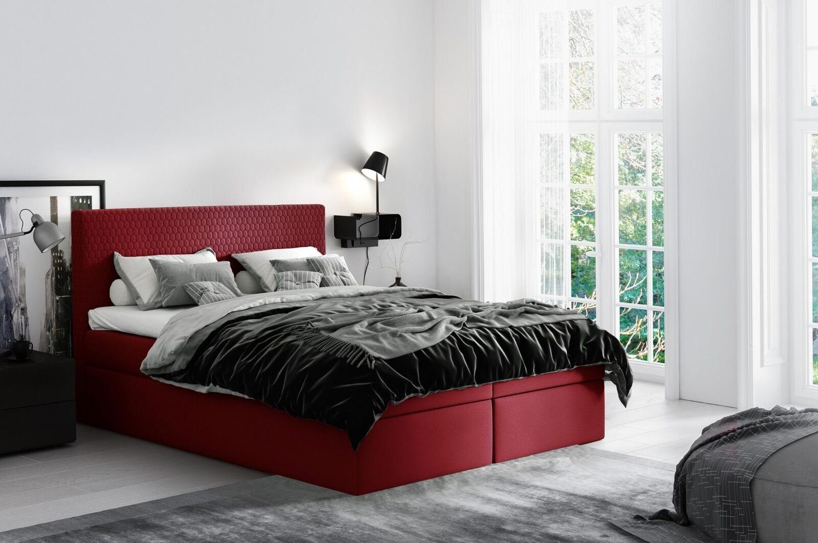 JVmoebel Bett, Boxspringbett Textil Design Doppel Hotel Modern Bett Schlafzimmer Rot | Bettgestelle
