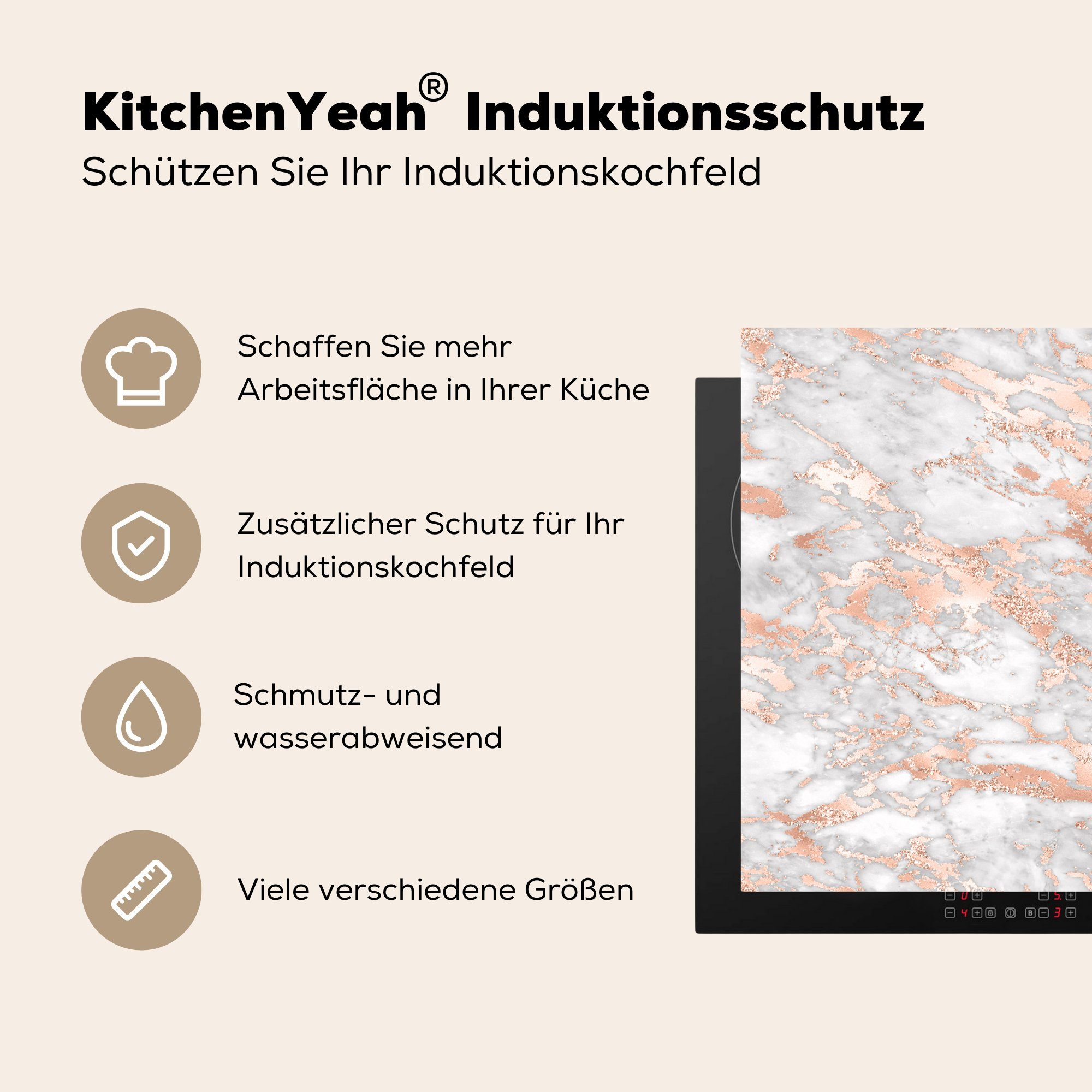 Roségold Marmor für Vinyl, 78x78 Ceranfeldabdeckung, - MuchoWow - küche Luxus cm, - Arbeitsplatte (1 Grau tlg), - Marmoroptik, Herdblende-/Abdeckplatte