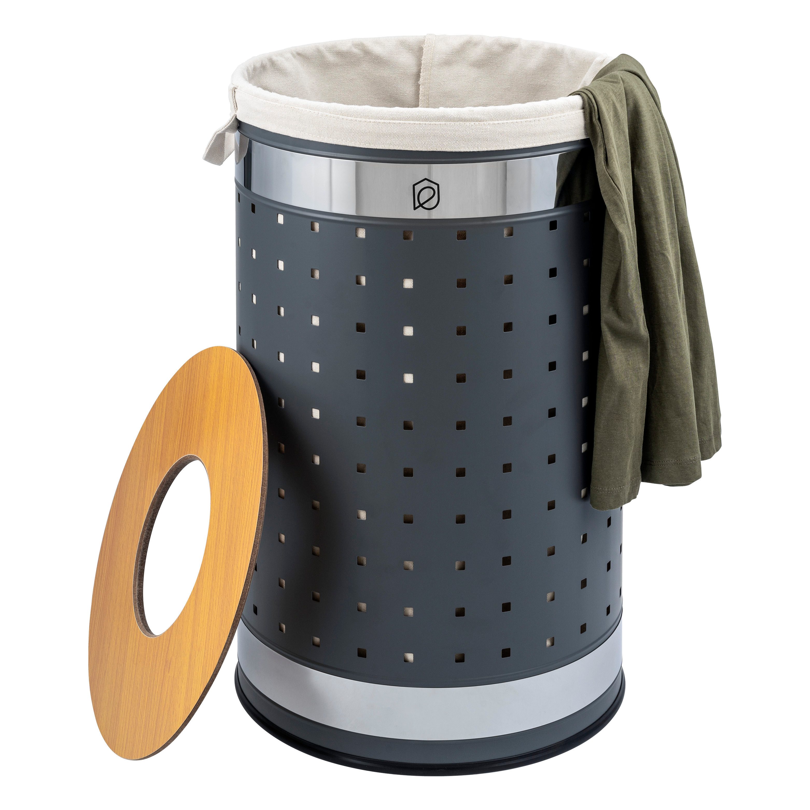 eluno Wäschetonne mit Deckel und Wäschesack rund 50L, aus Metall