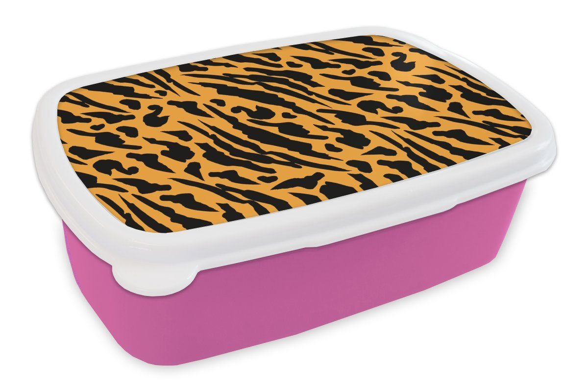 MuchoWow Lunchbox Muster - Haut - Tigerdruck, Kunststoff, (2-tlg), Brotbox für Erwachsene, Brotdose Kinder, Snackbox, Mädchen, Kunststoff rosa