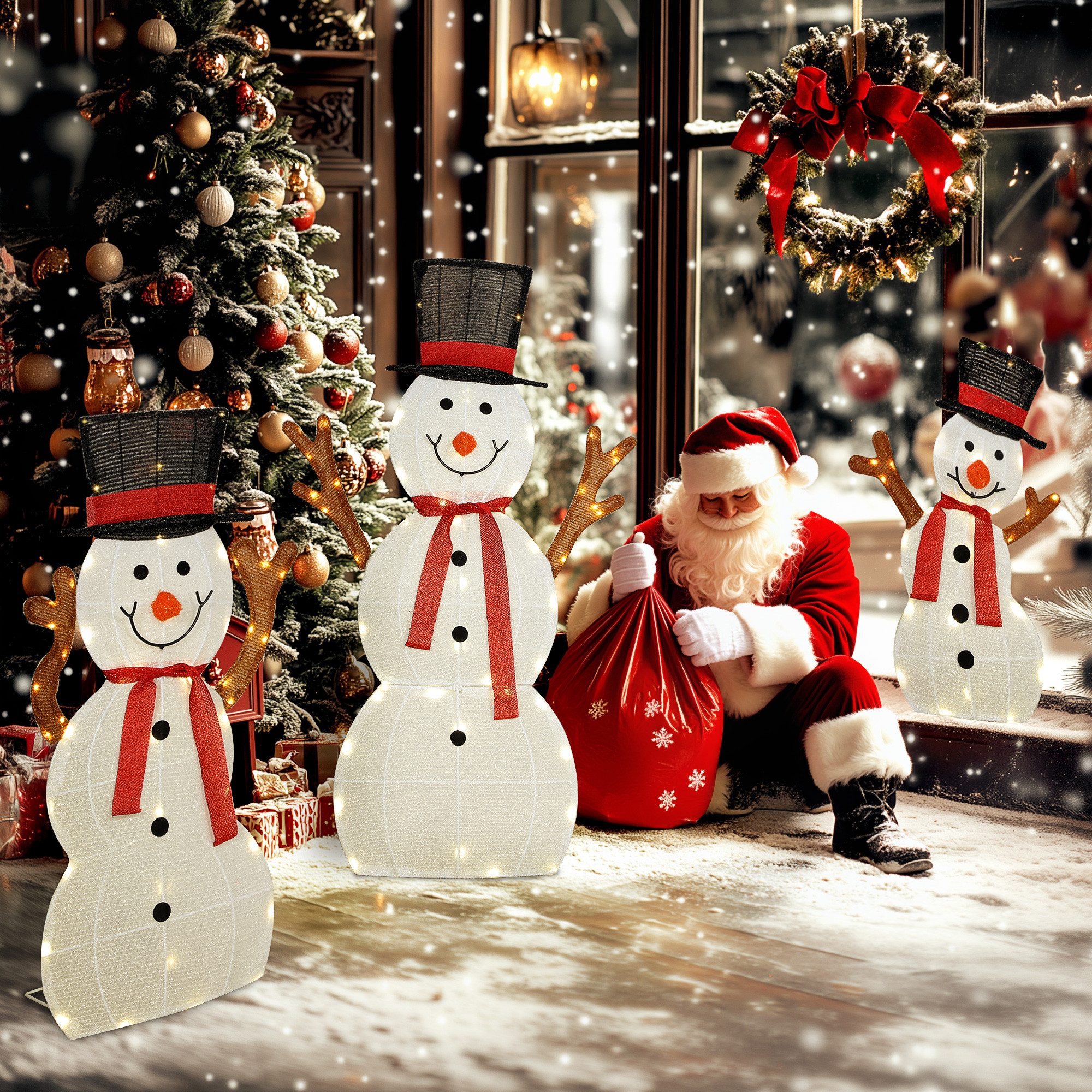 Outsunny Weihnachtsfigur Weihnachtsdeko Schneemann-Familie mit LED Licht Indoor & Outdoor (Weihnachtsdekoration, 3 St., Schneemann-Außendekoration), Wasserfest, Mehrfarbig