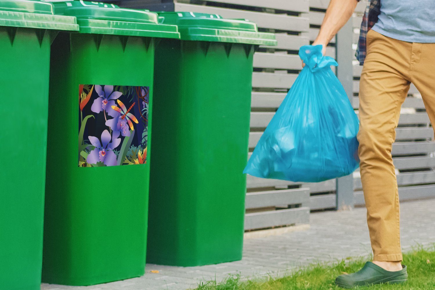 Mülltonne, St), Abfalbehälter Regenwaldes Container, (1 Sticker, Orchidee des Vektor-Illustration lila einer mit MuchoWow Eine Mülleimer-aufkleber, Wandsticker
