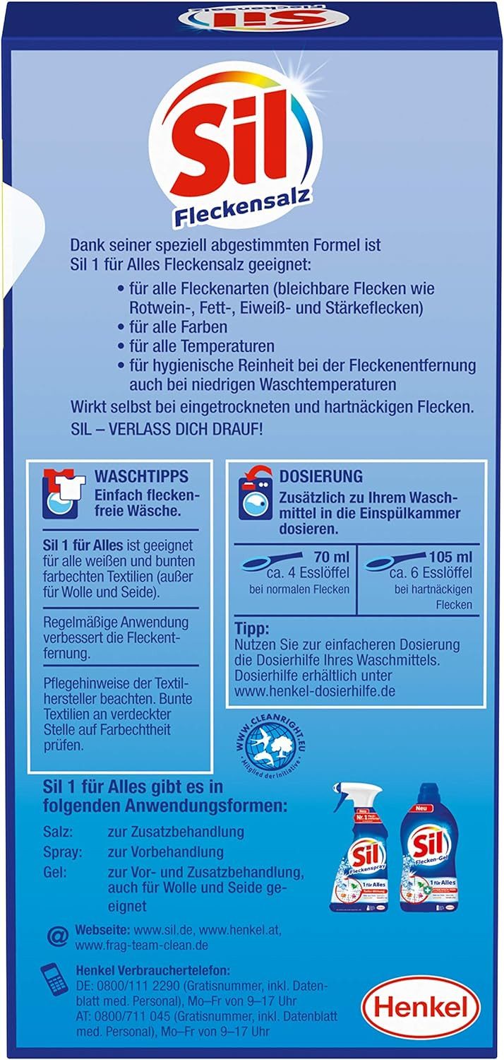 Sil Sil 1 für Alles Fleckensalz Universal Fleckenentferner 500g Fleckentferner (für alle Flecken & Farben - für hygienisch reine Wäsche)