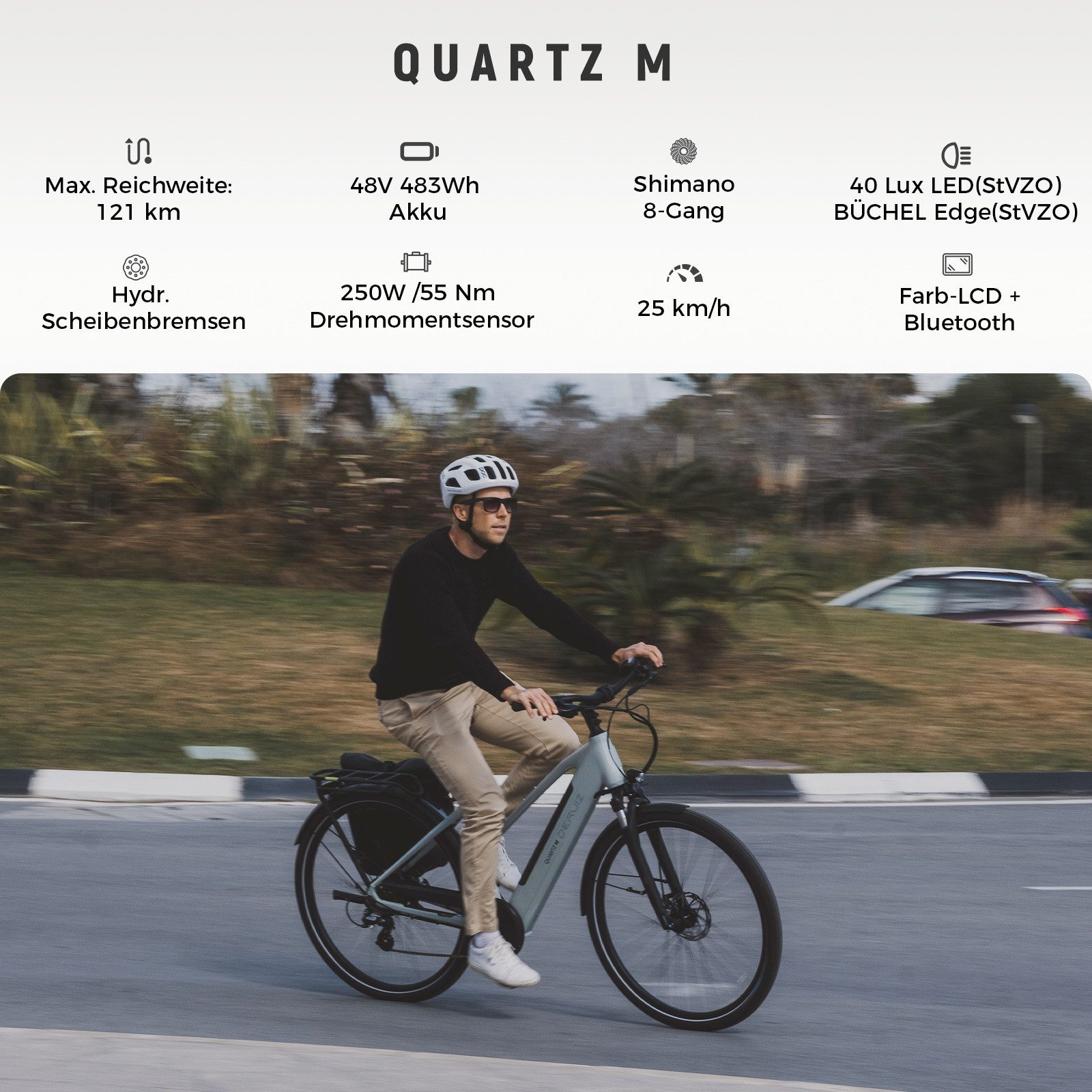 DERUIZ E-Bike Cityrad 28 Zoll, Quartz M/2.0/SUV, 120-160km, Drehmomentsensor, Bluetooth+APP, 8 Gang SHIMANO Altus Schaltwerk, Kettenschaltung, Heckmotor, 483 Wh, (Einheitsgröße 44 cm, hydr. Scheibenbremse, Trapezrahmen), Quartz M, Drehmomentsensor, bis zu 170 kg, Elektrofahrrad, Pedelec
